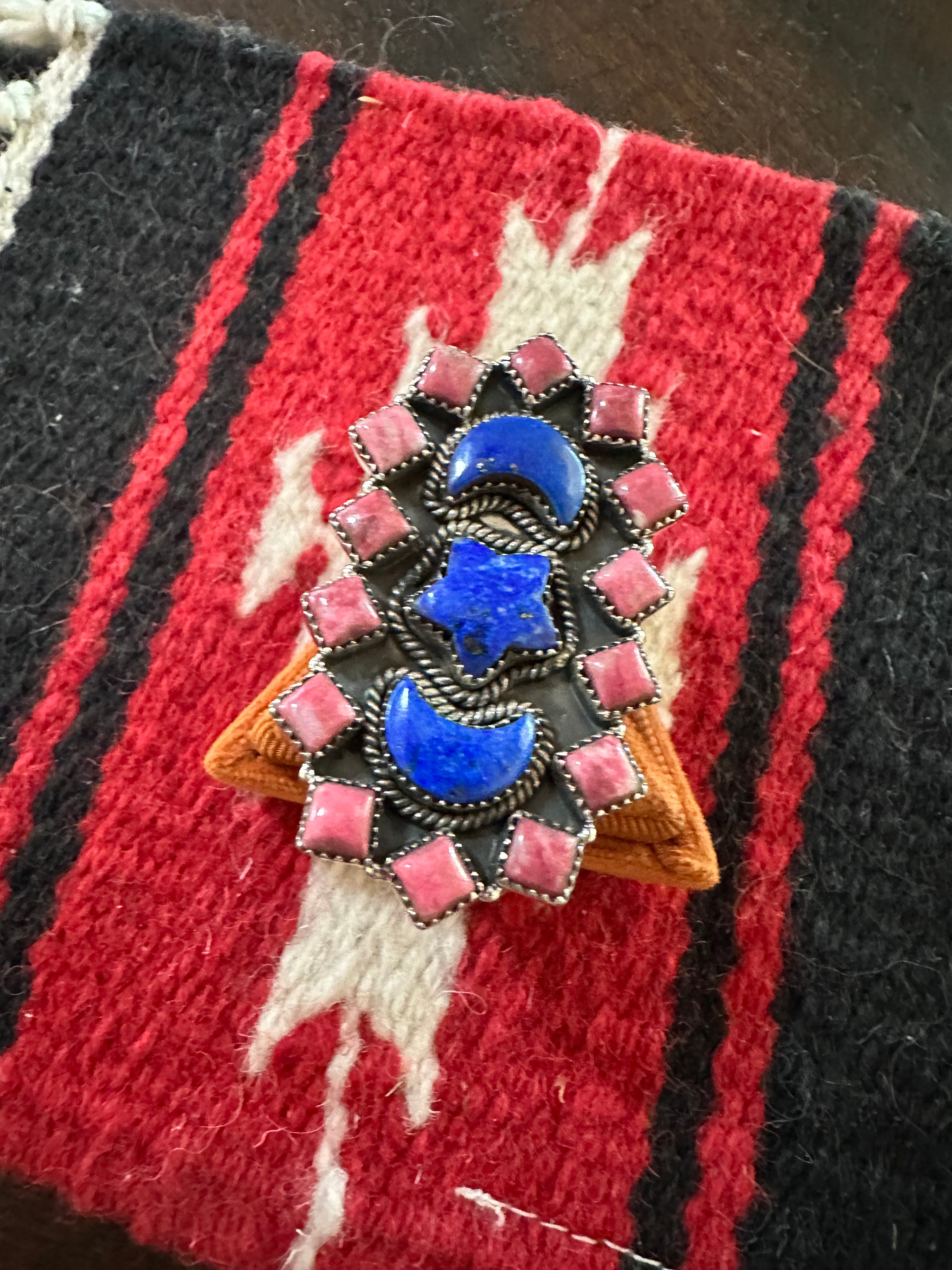 Nizhoni Handmade Adjustable Rhodonite, Blue Lapis & Sterling Silver Moon Star Ring