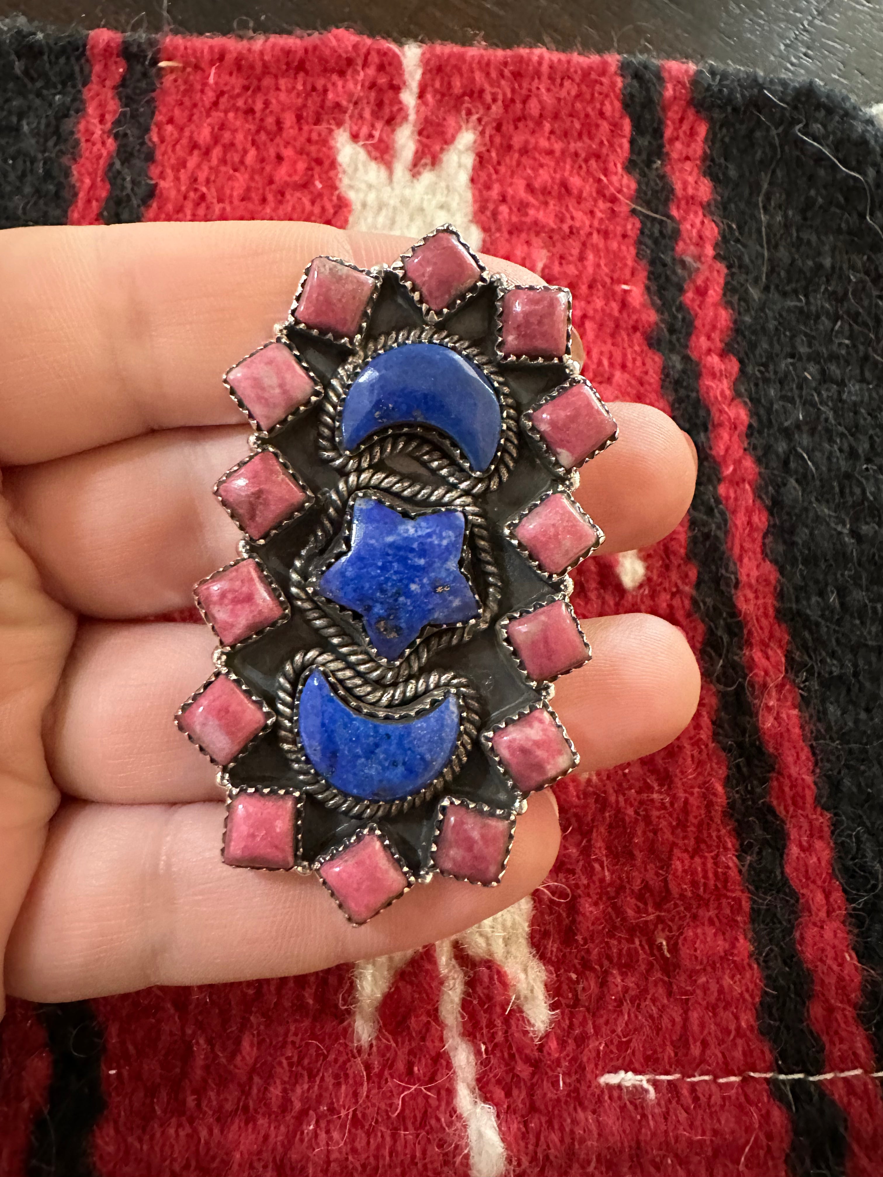 Nizhoni Handmade Adjustable Rhodonite, Blue Lapis & Sterling Silver Moon Star Ring