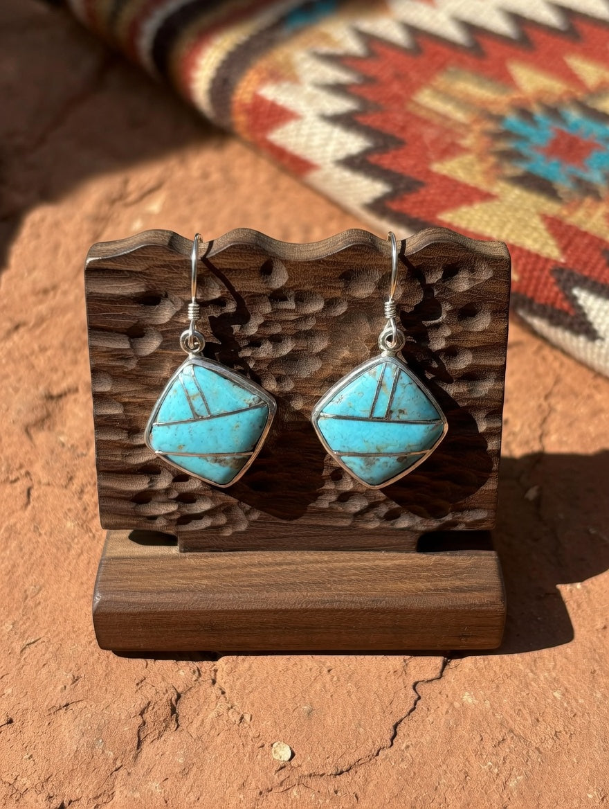 Handcrafted Turquoise 8 & Sterling Silver Mini Square Dangle Earrings
