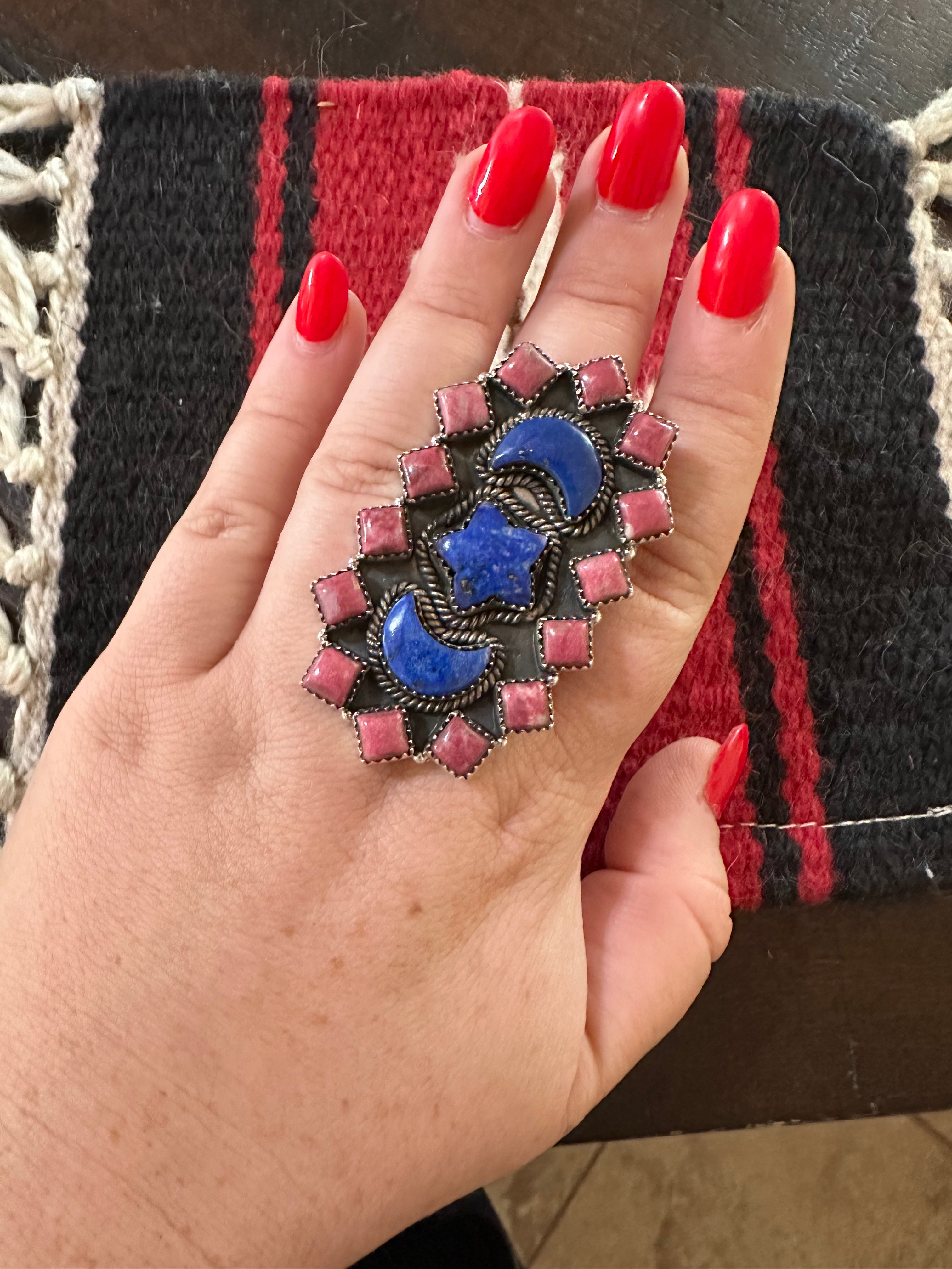 Nizhoni Handmade Adjustable Rhodonite, Blue Lapis & Sterling Silver Moon Star Ring