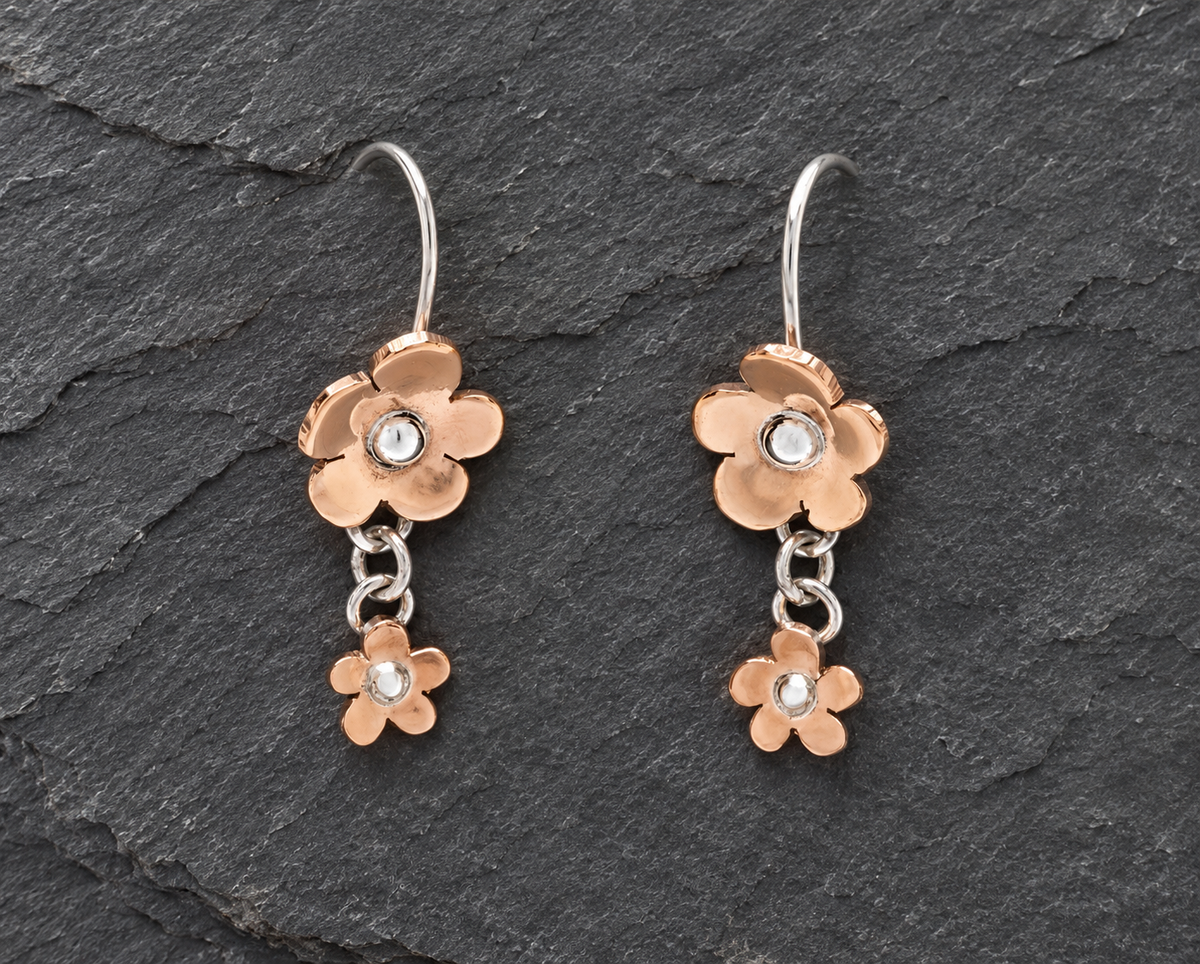 Copper & Sterling Silver Dangle Flowers Earrings