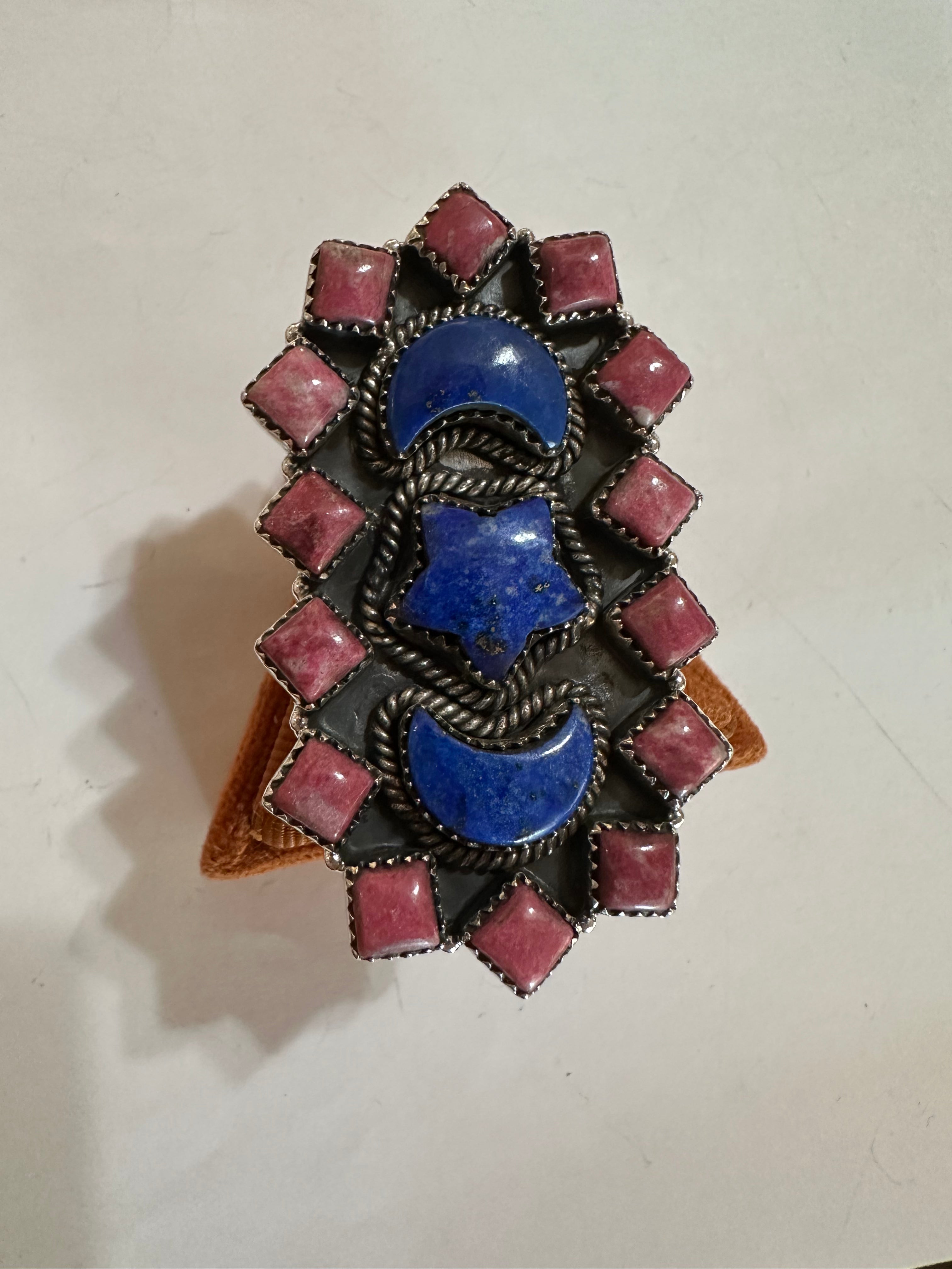 Nizhoni Handmade Adjustable Rhodonite, Blue Lapis & Sterling Silver Moon Star Ring