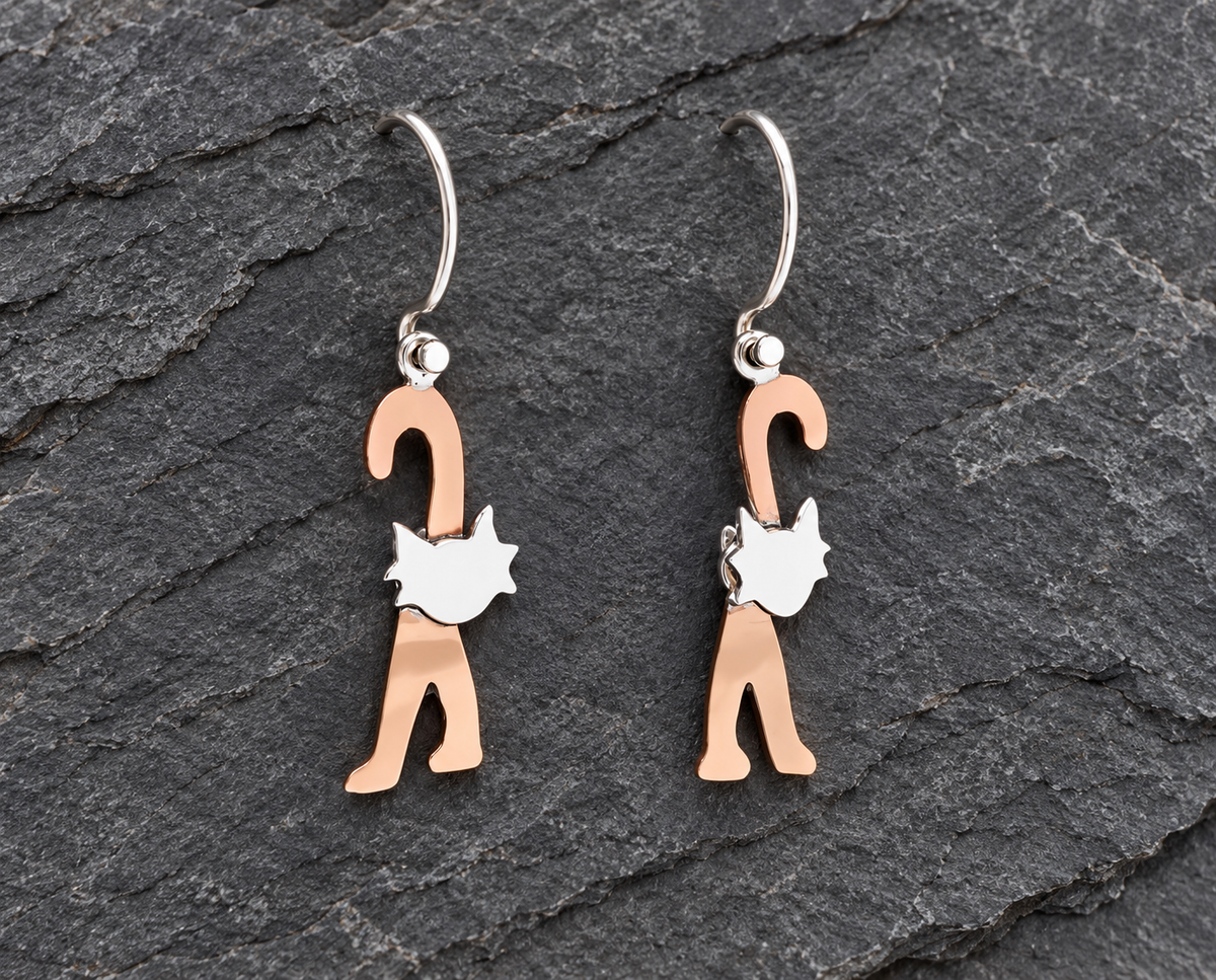 Copper & Sterling Silver Dangle Cat Earrings