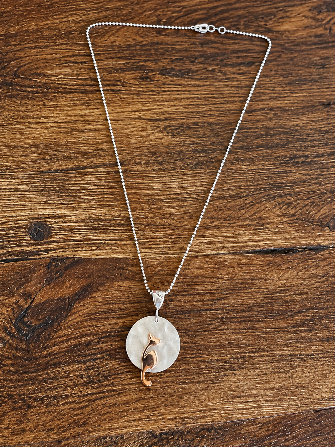 Copper Cat on Hammered Sterling Silver Disc Necklace