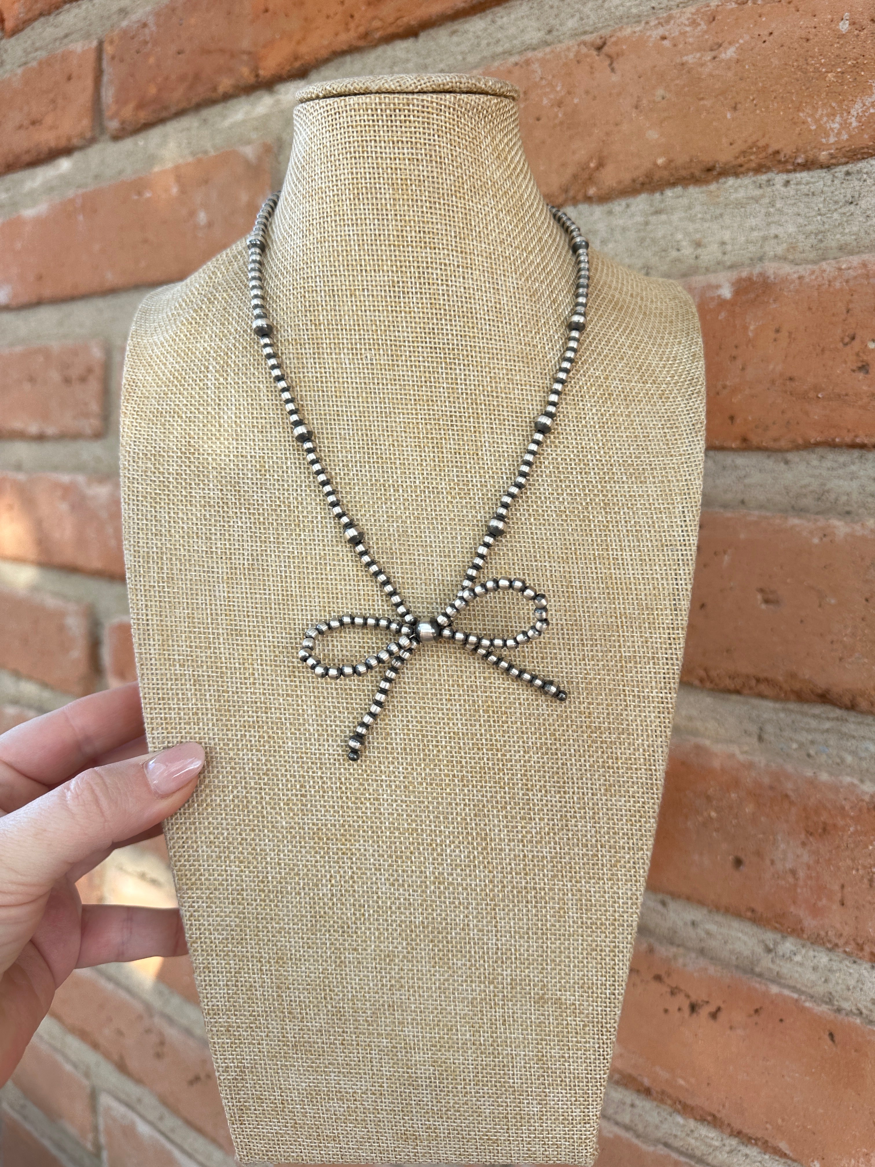 Handcrafted Sterling Silver Pearl Beaded Bow Tie 4-8mm Beaded Necklace 16 inches long