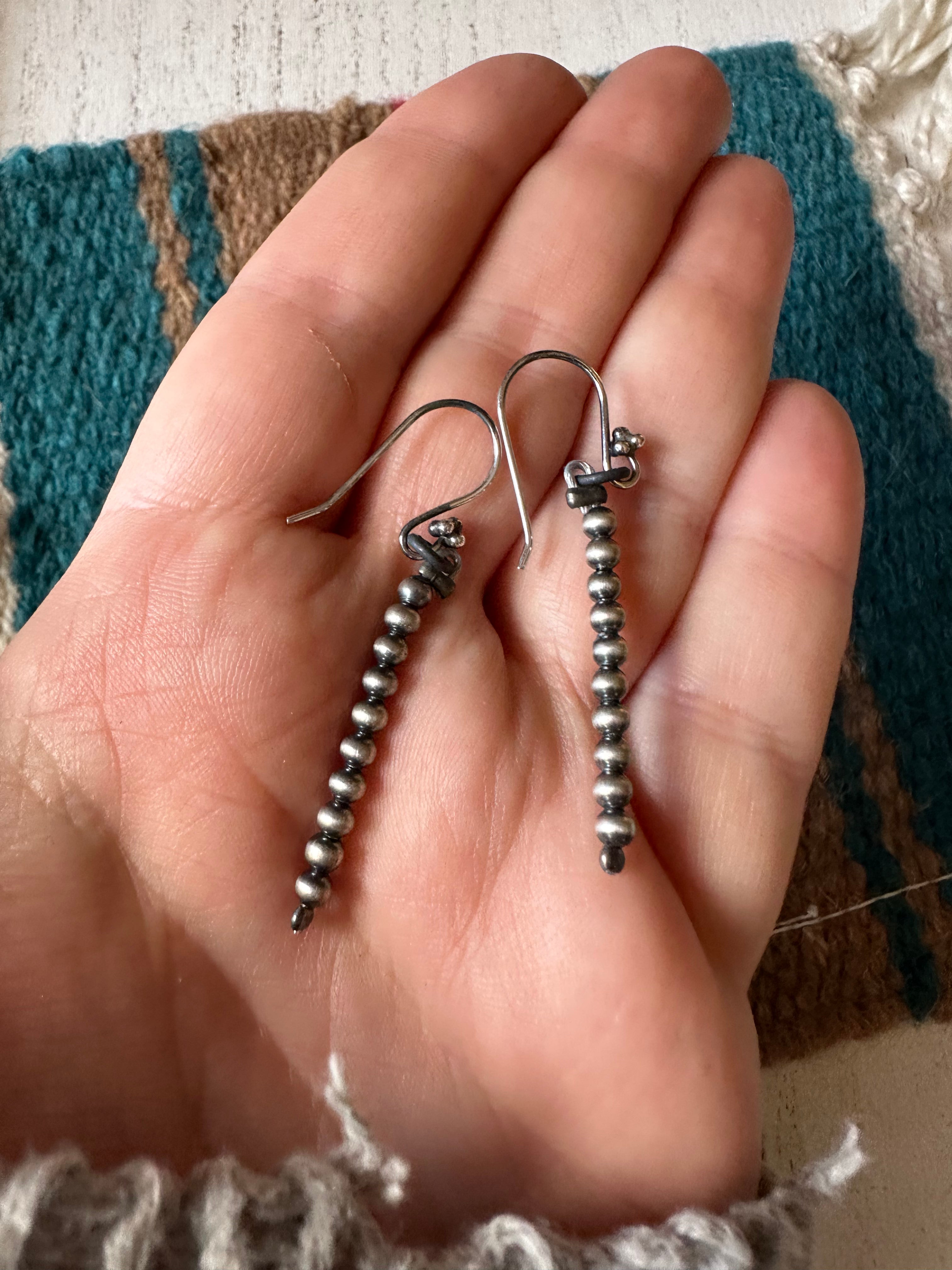 Nizhoni’s Handmade Sterling Silver 3mm Navajo Pearl Style Dangle Earrings 2”