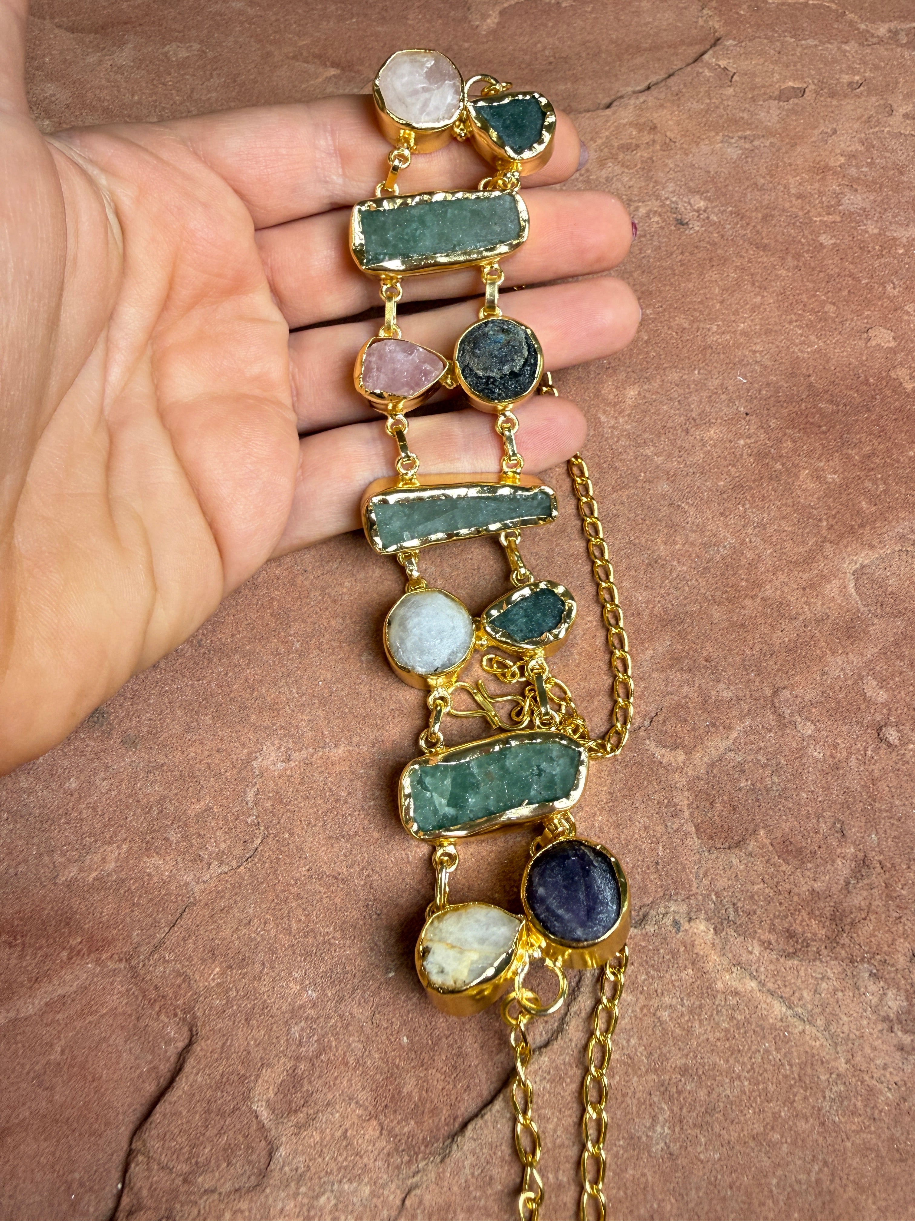 “The Golden Collection” Moonlit Handmade Natural Gem Stone Gold Plated Brass Choker Necklace 14-19”