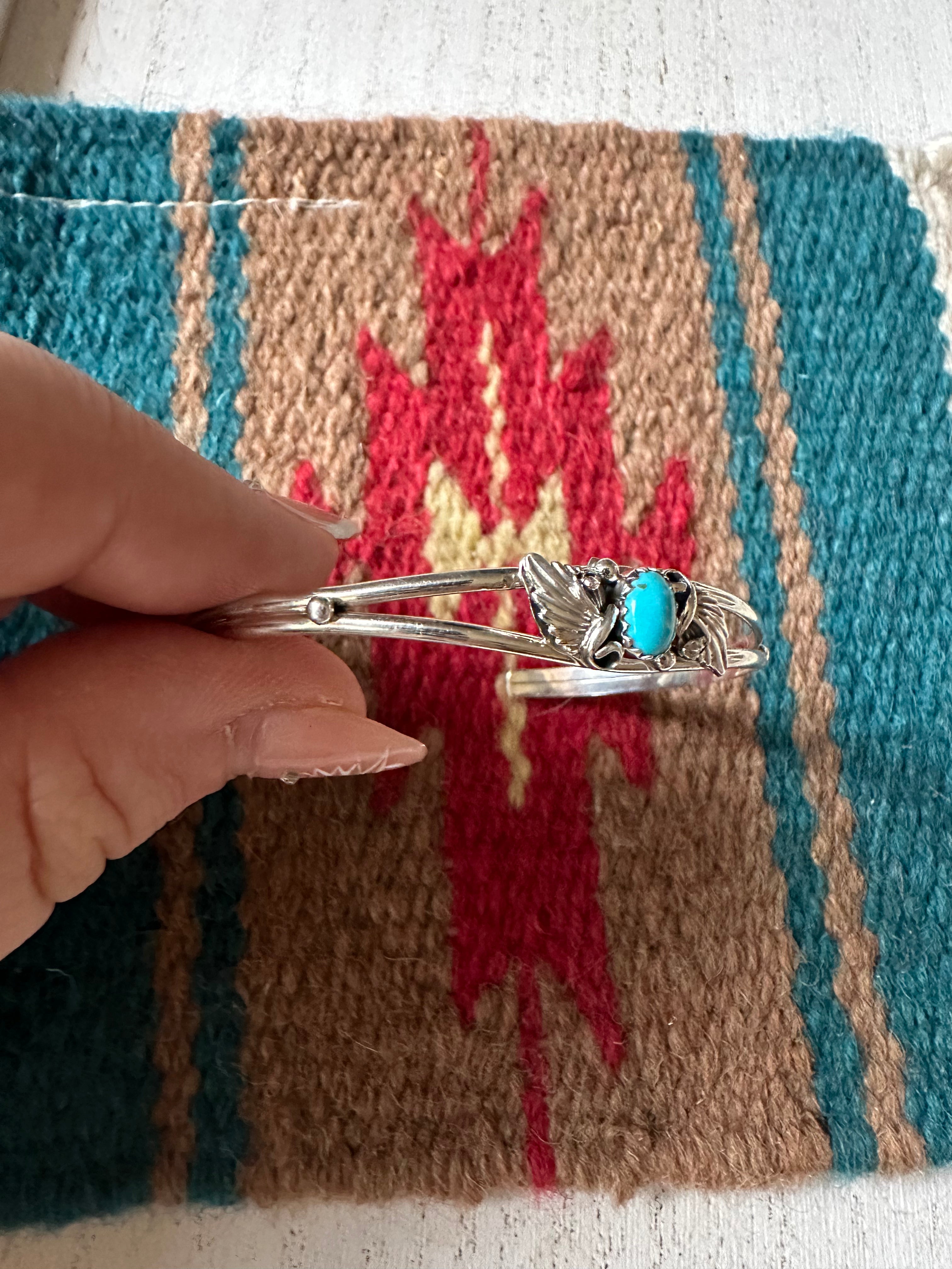 Navajo Single Stone Turquoise And Sterling Silver Adjustable Cuff Bracelet