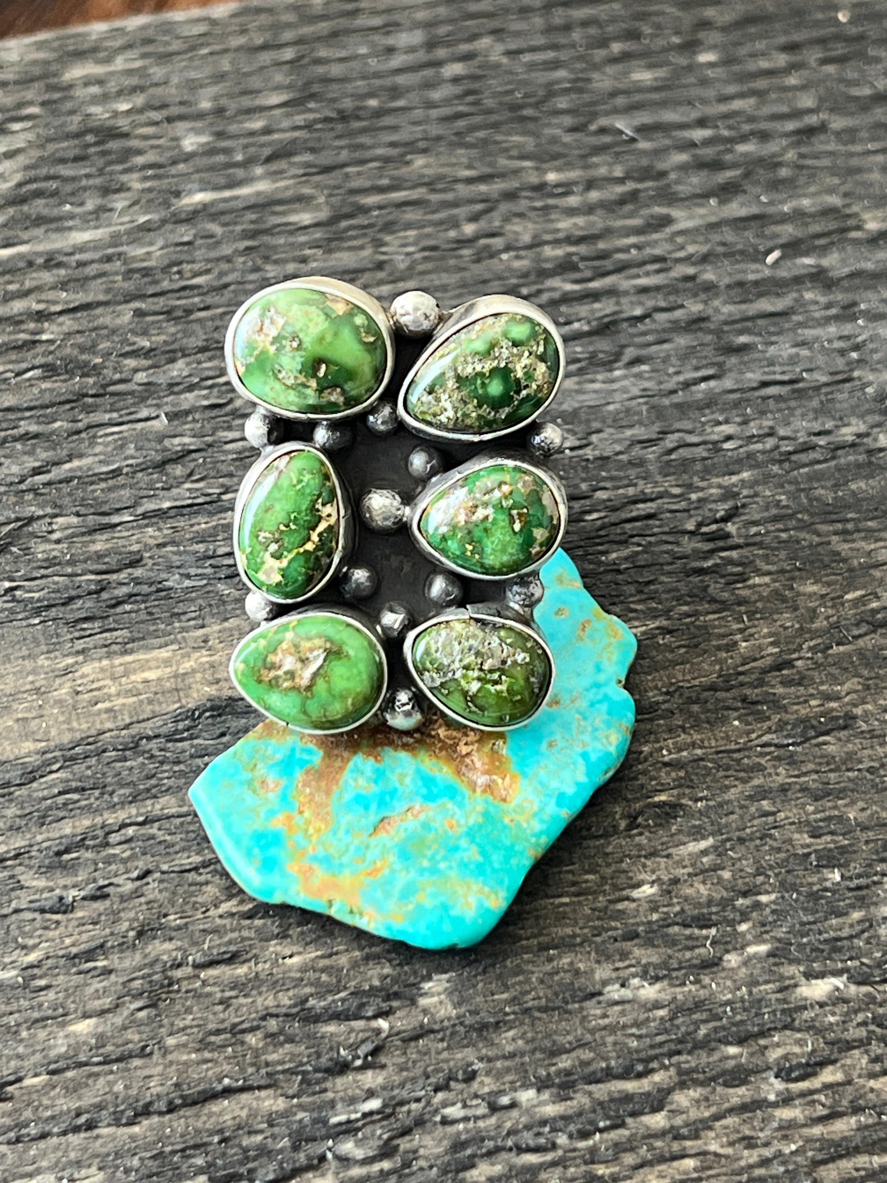 Handcrafted Sterling Silver and Sonoran Gold Turquoise Cluster Rings by Travis Jim, Size 8