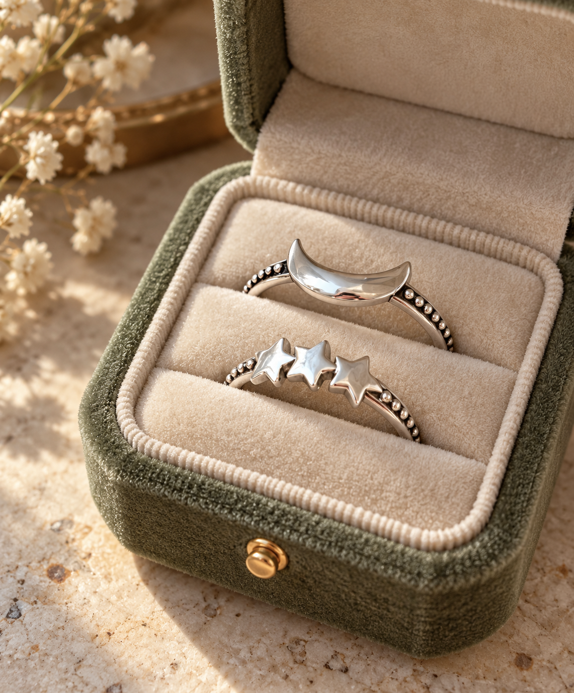 Crescent Moon & 3 Stars Sterling Silver Rings set of 2