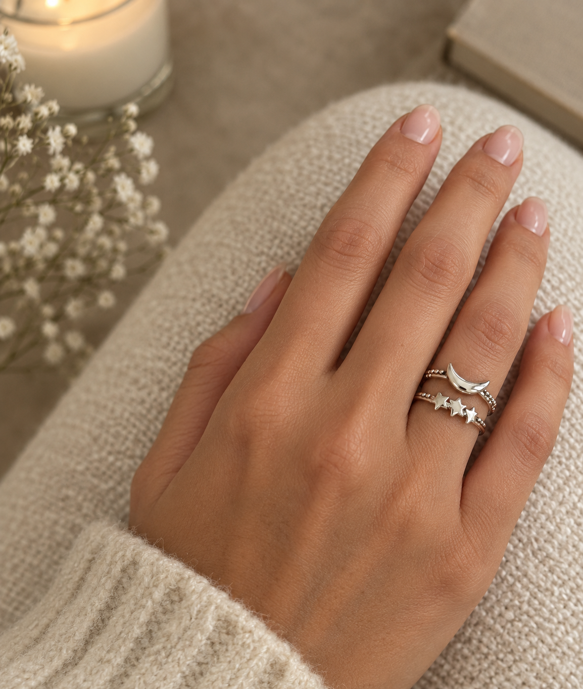 Crescent Moon & 3 Stars Sterling Silver Rings set of 2