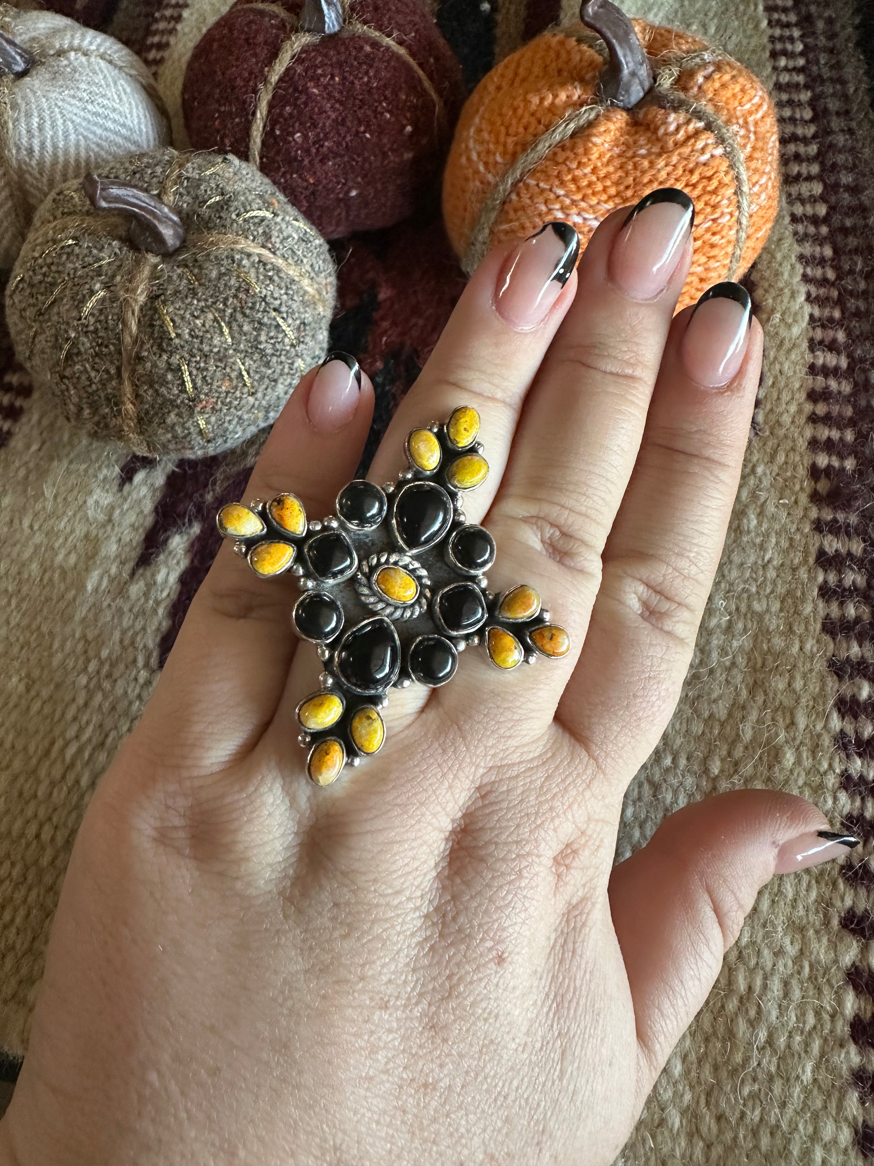 HALLOWEEN COLLECTION Nizhoni Black Onyx, Bumble Bee Jasper & Sterling Silver Adjustable Ring