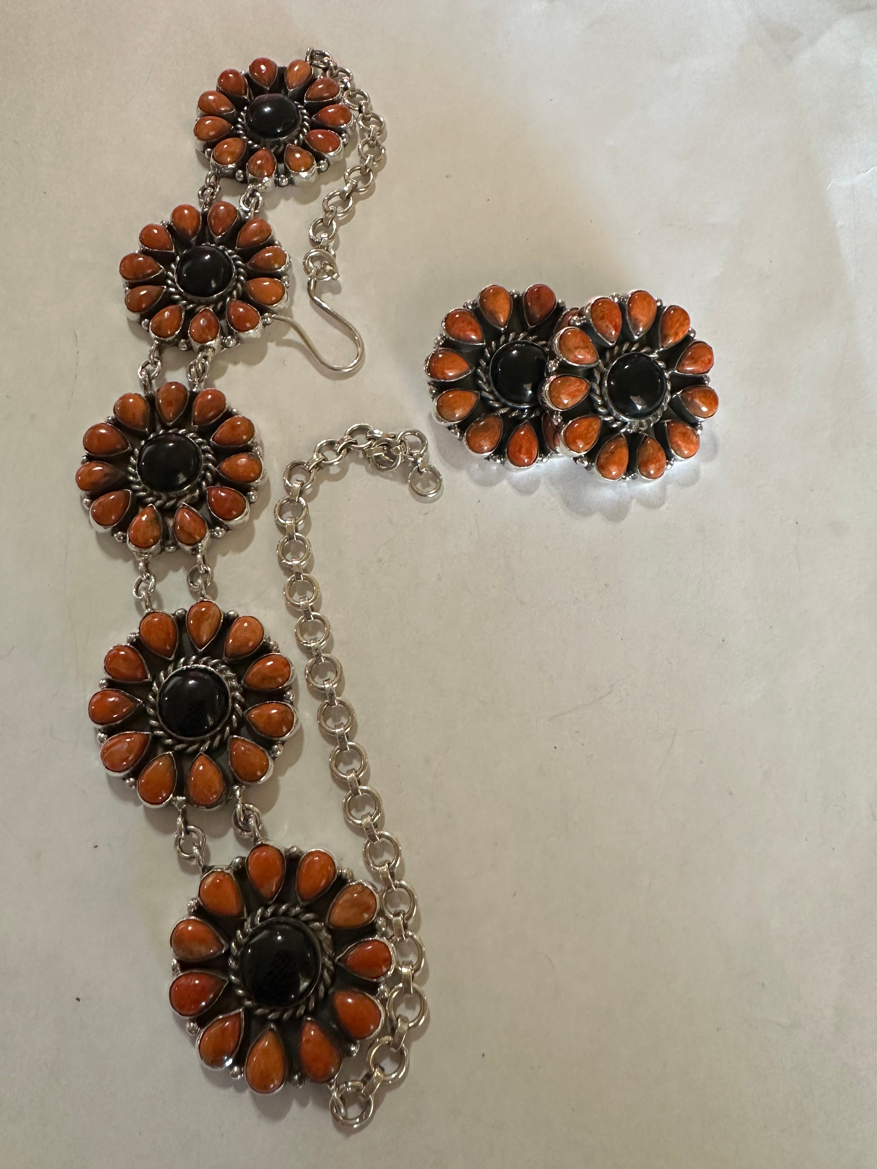 HALLOWEEN COLLECTION Nizhoni Black Onyx, Orange Mojave & Sterling Silver Necklace & Earring Set