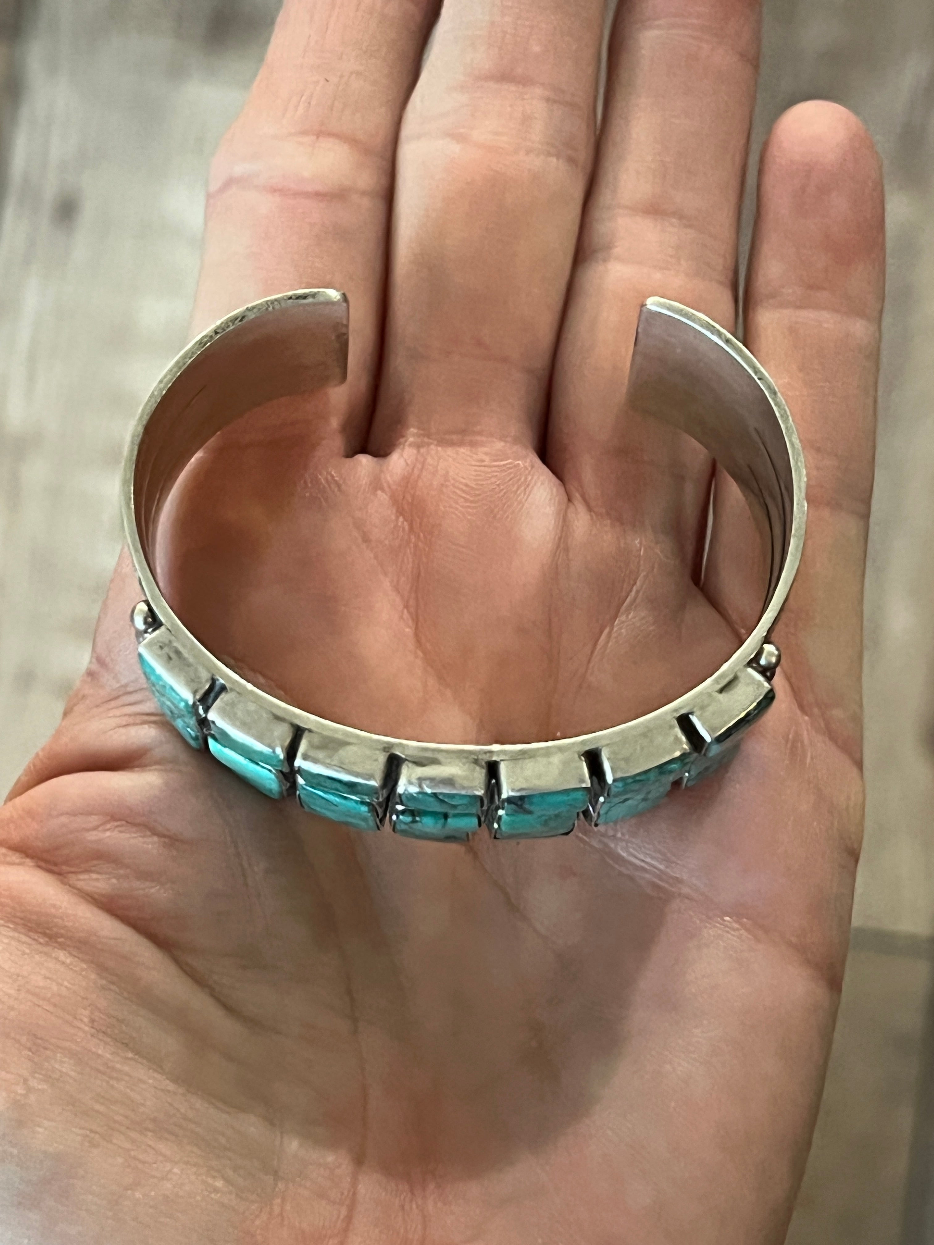 Handcrafted Vintage Sterling Silver and Turquoise Triple Row Square Stone Cuff /