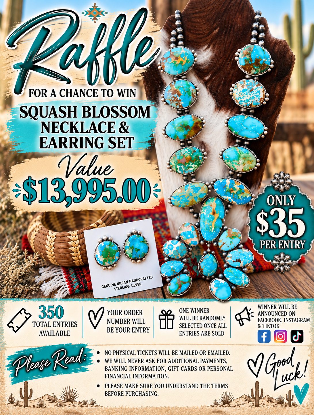 RAFFLE ENTRY ! Handcrafted Sonoran Mountain Turquoise & Sterling Silver Squash Blossom Necklace and Earring Set TURQUOISE TALK