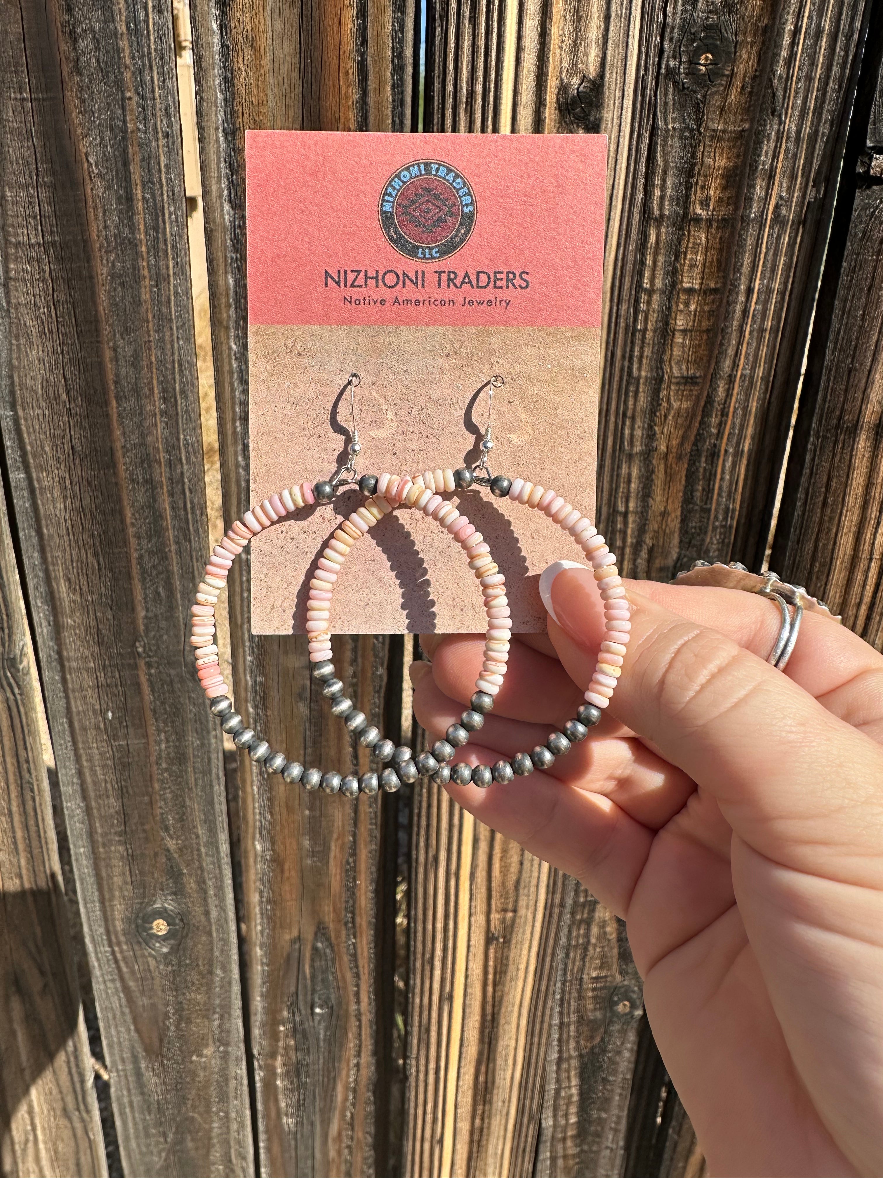 “Pink October” Navajo Pink Conch & Sterling Silver Beaded Hoop Earrings