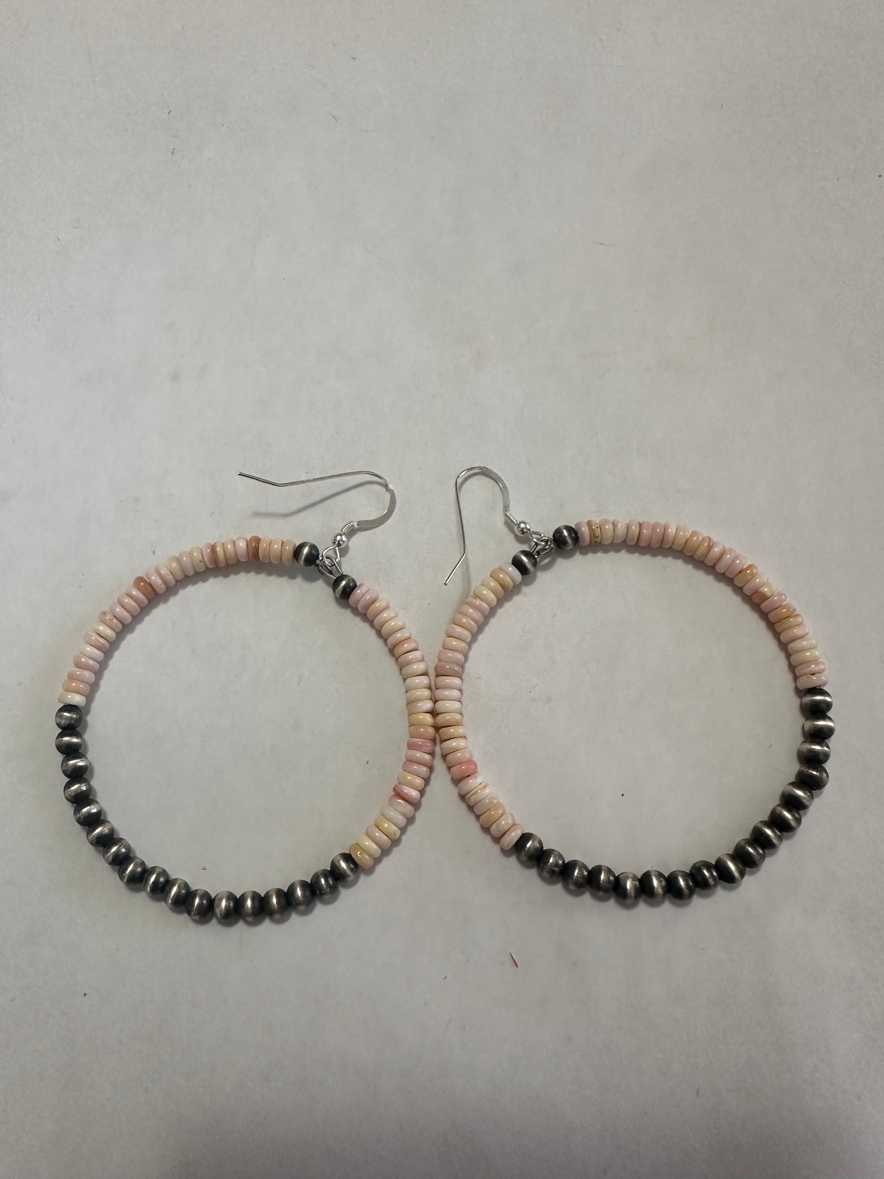 “Pink October” Navajo Pink Conch & Sterling Silver Beaded Hoop Earrings