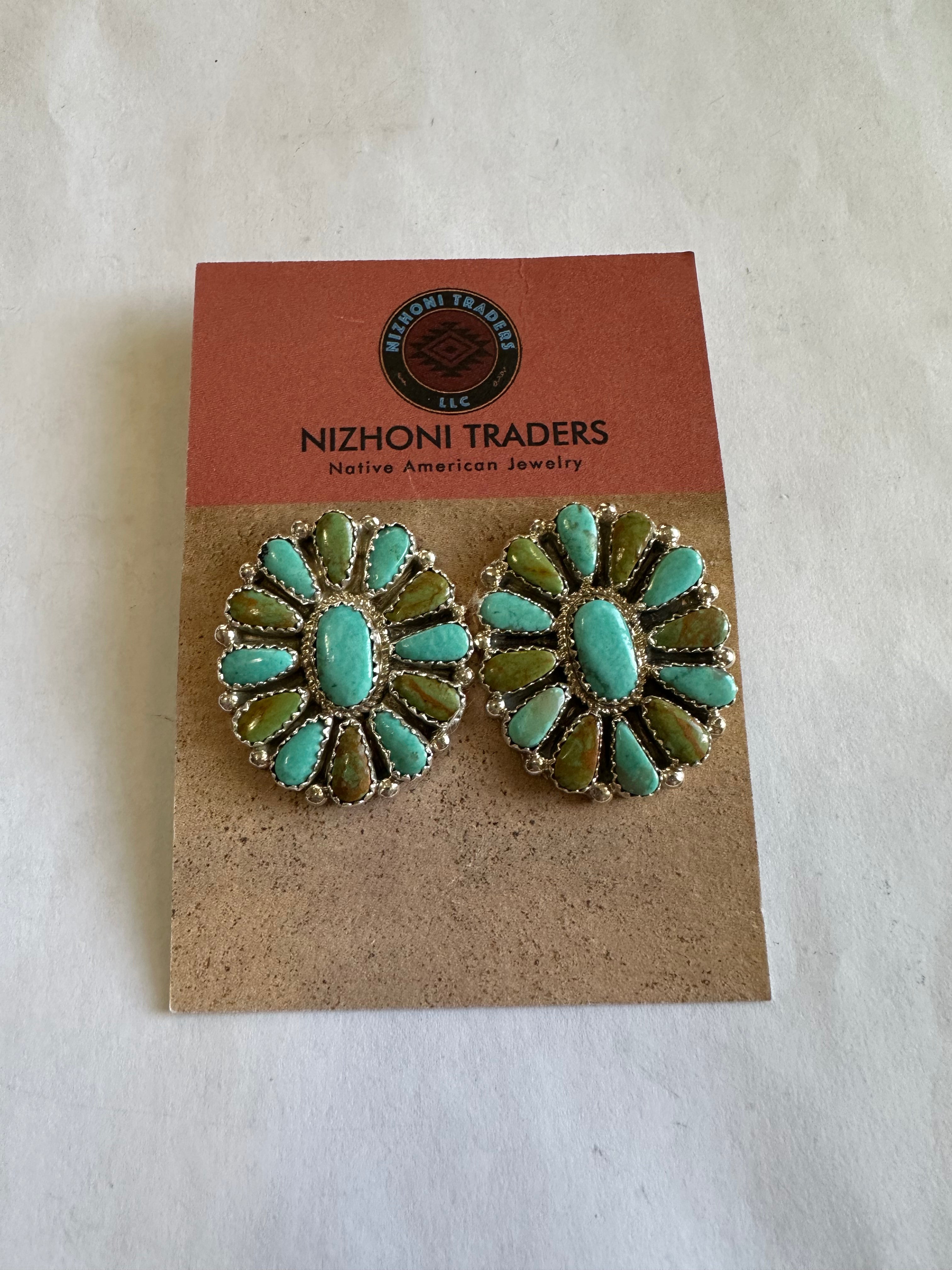 “Ocean View” Navajo Sterling Silver & Turquoise Cluster Earrings Signed