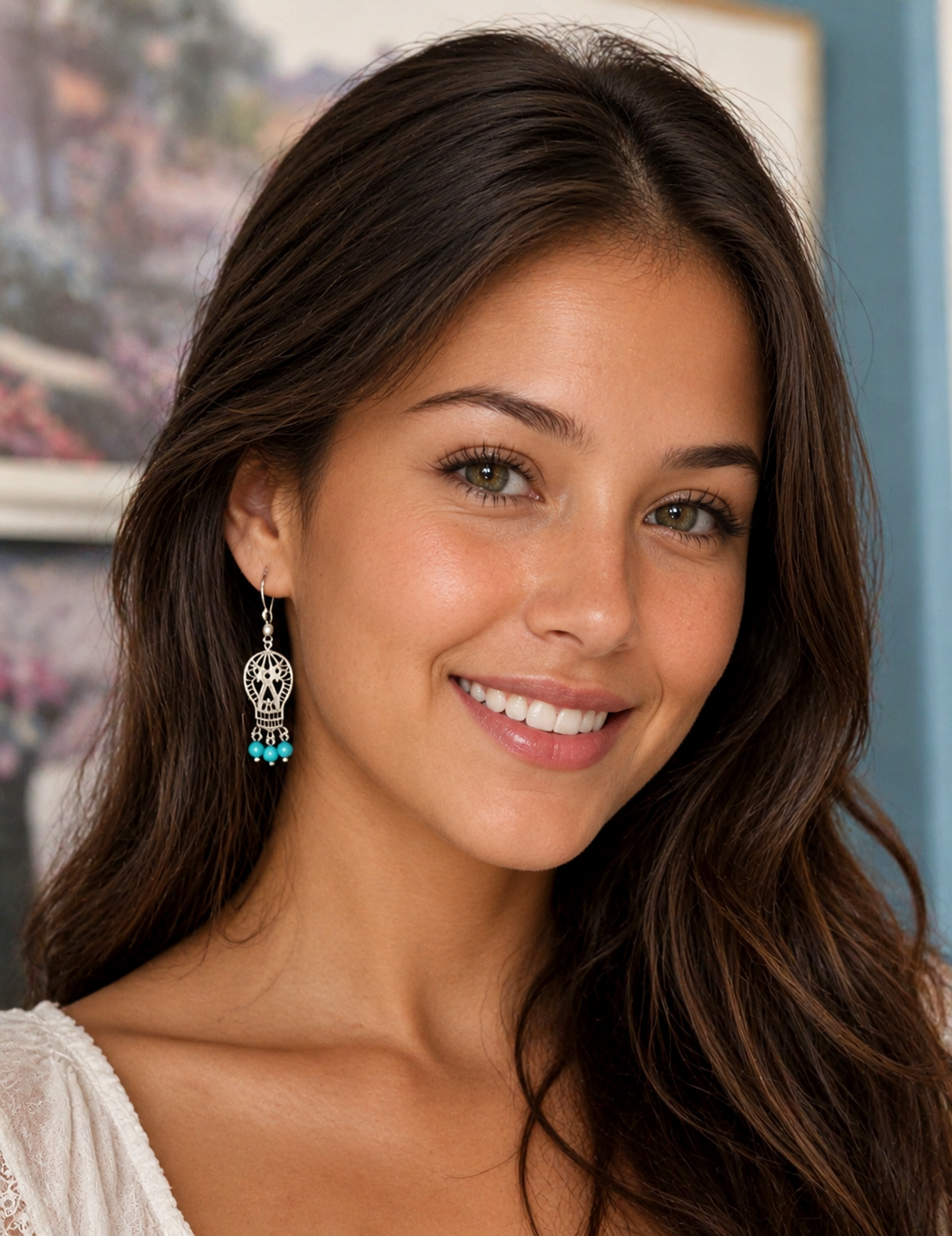 Sugar Skull with 3 Turquoise Beads Sterling Silver Earrings