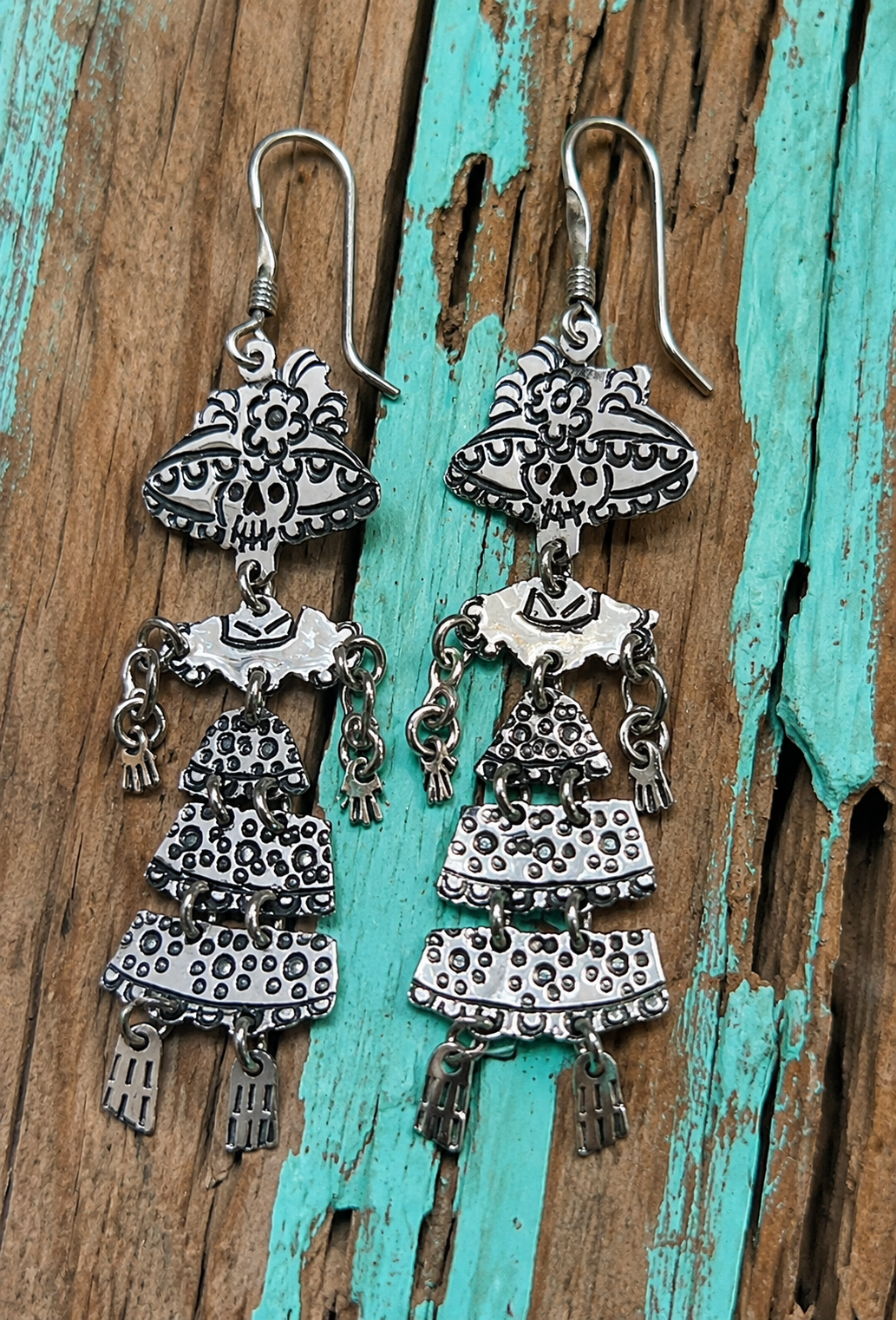 Hinged Catrina on Hook Sterling Silver Earrings