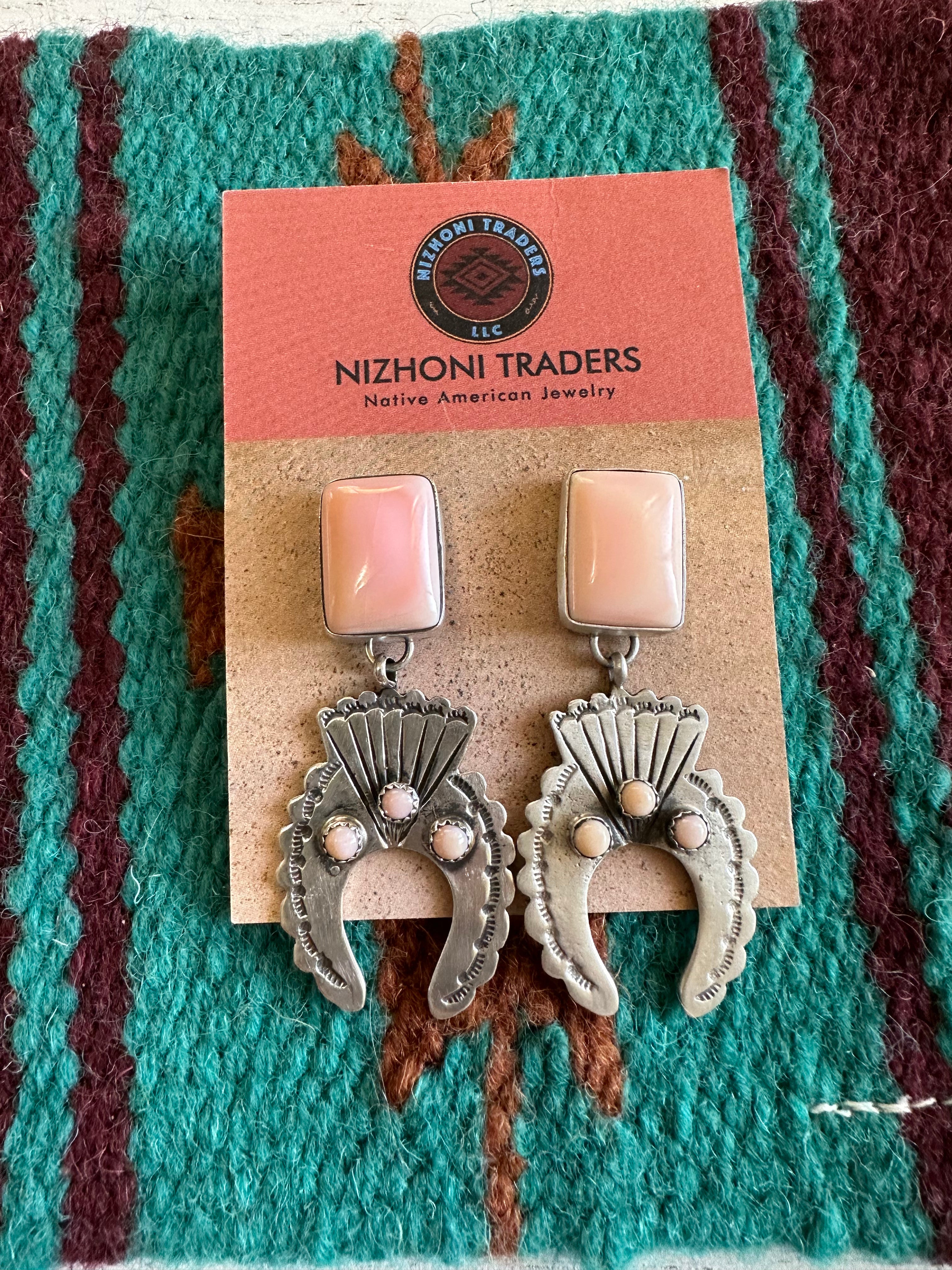 “Sahara Sunset” Navajo Queen Pink Conch & Sterling Silver Concho Dangle Earrings Signed