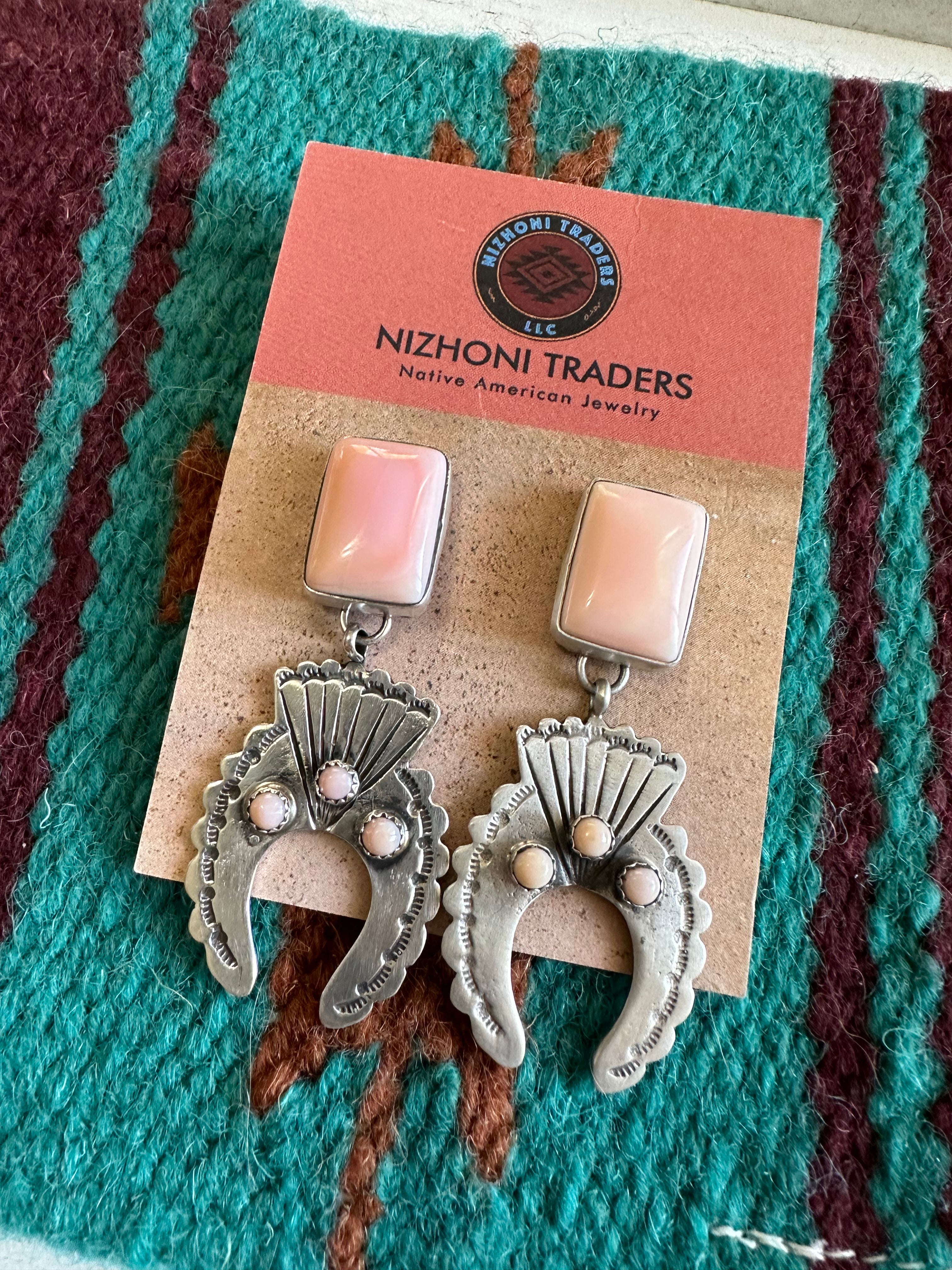 “Sahara Sunset” Navajo Queen Pink Conch & Sterling Silver Concho Dangle Earrings Signed