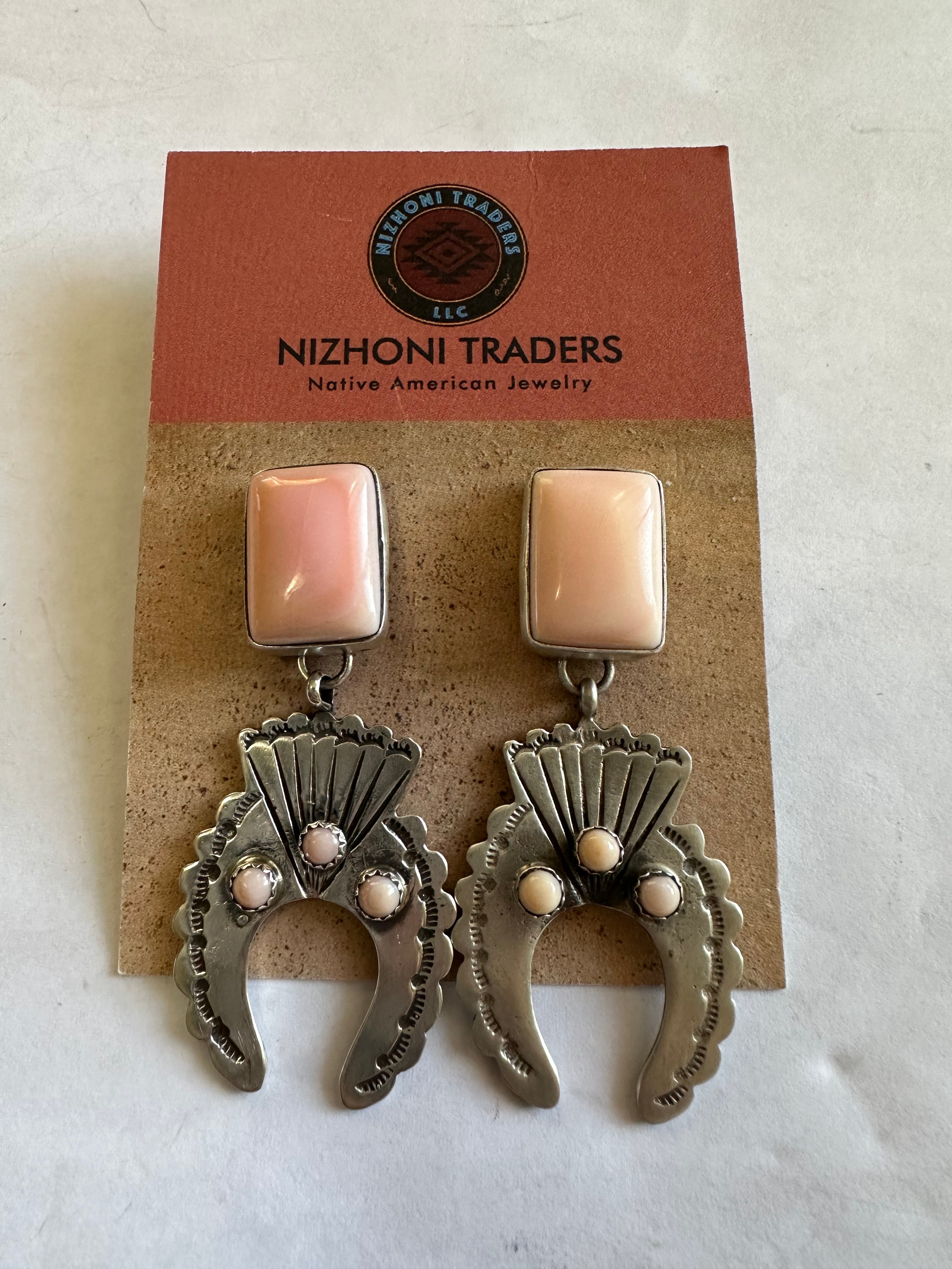 “Sahara Sunset” Navajo Queen Pink Conch & Sterling Silver Concho Dangle Earrings Signed