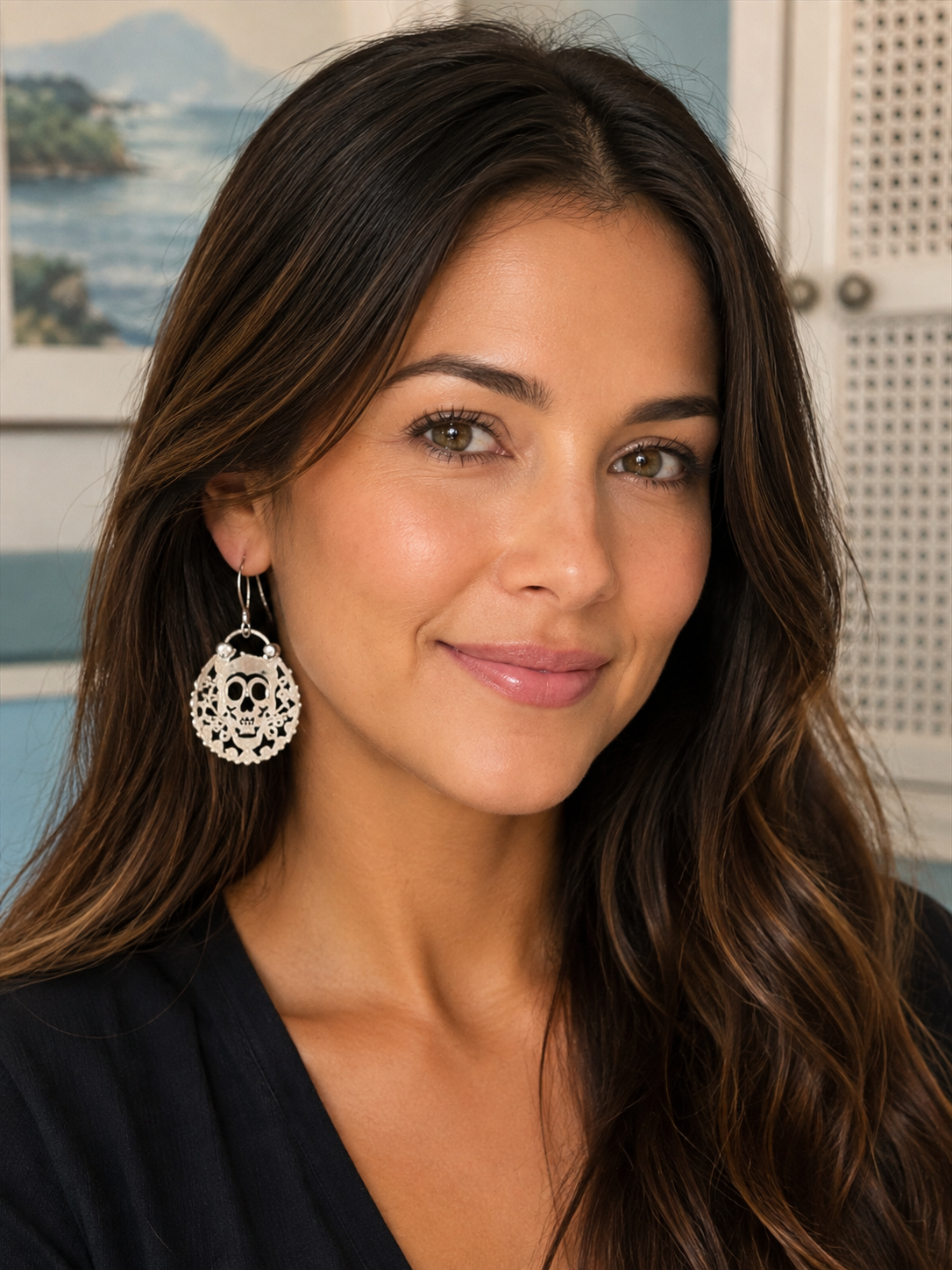 Pierced Sugar Skull on Arc Hook Sterling Silver Earrings