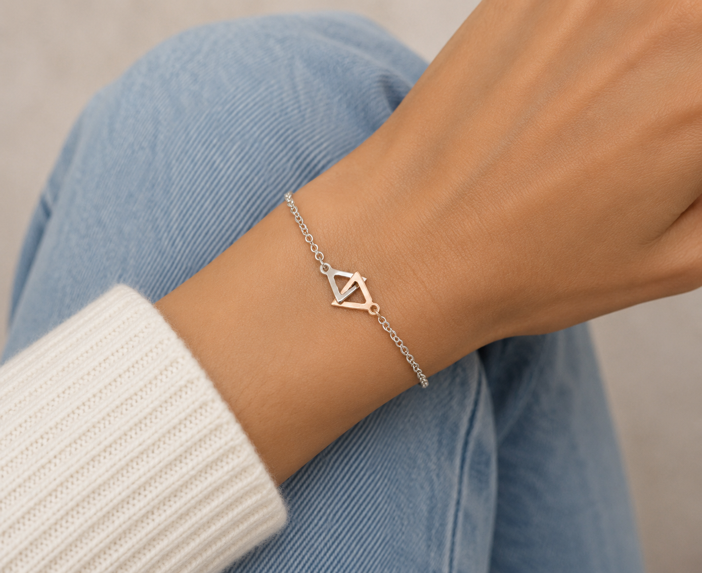 Minimalist Linked Sterling Silver & Copper Bracelet w/ Double Triangles
