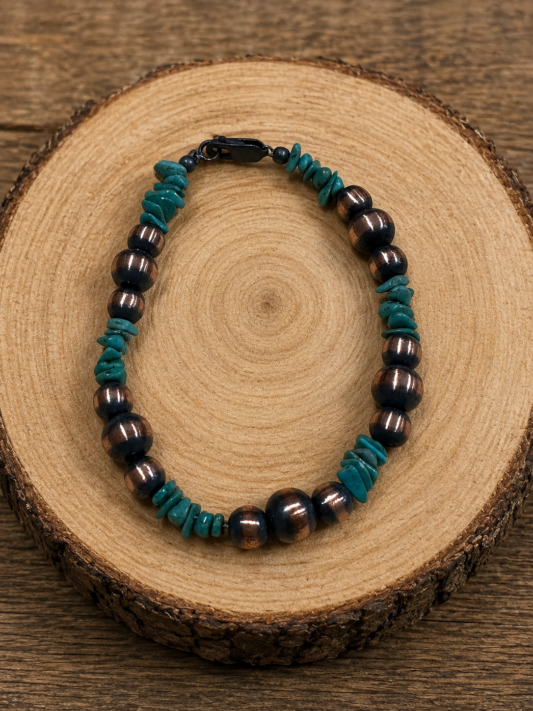 Handcrafted Turquoise & Copper Beaded Bracelet 7.5”