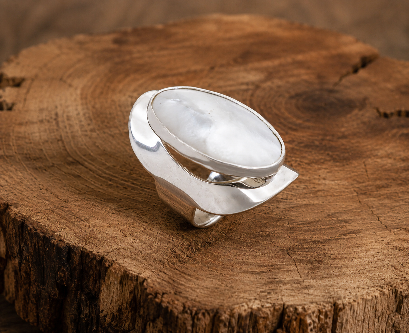 Mother of Pearl Sterling Silver Statement Ring Adjustable