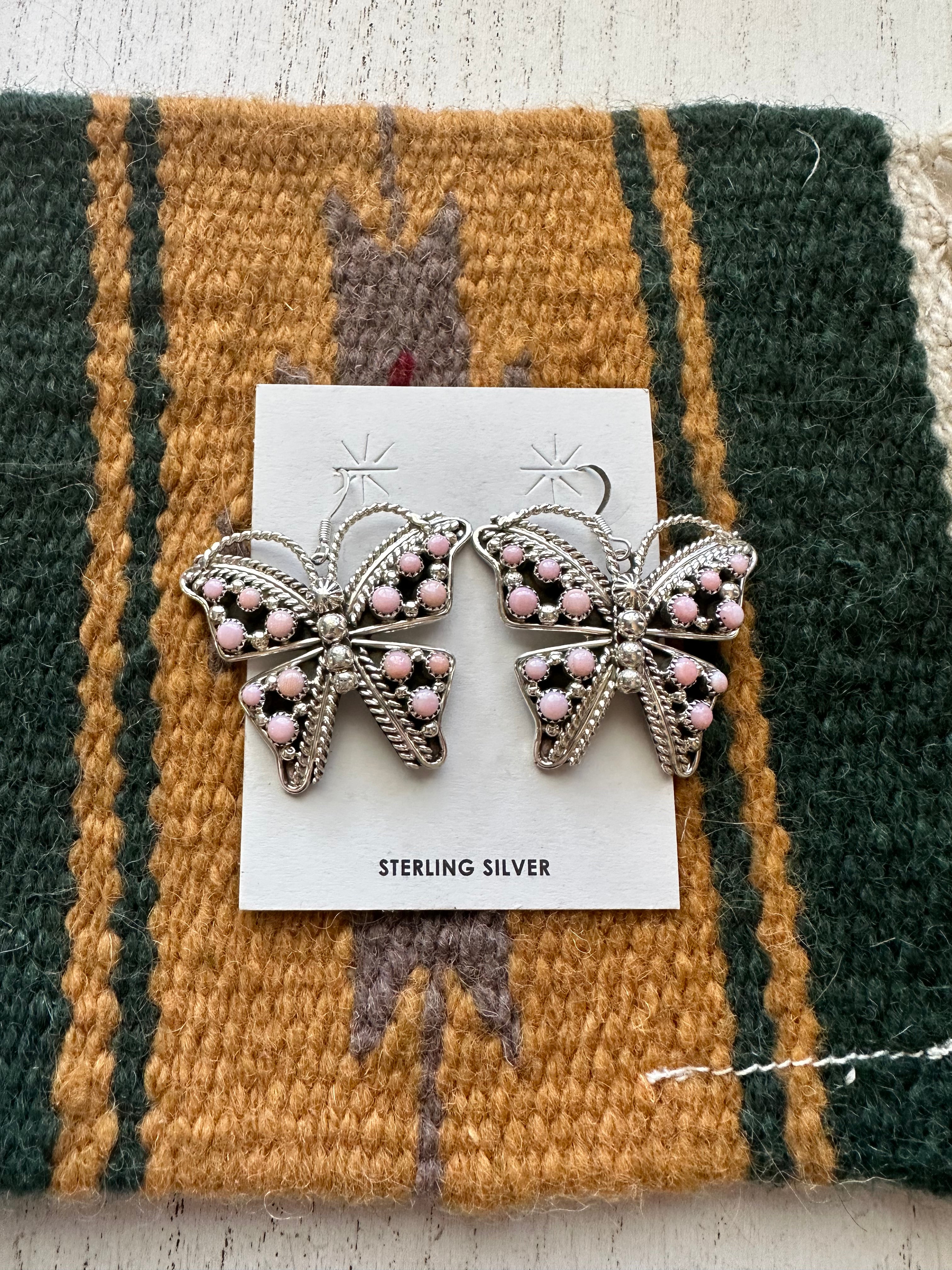 Navajo Queen Pink Conch & Sterling Silver Butterfly Dangle Earrings