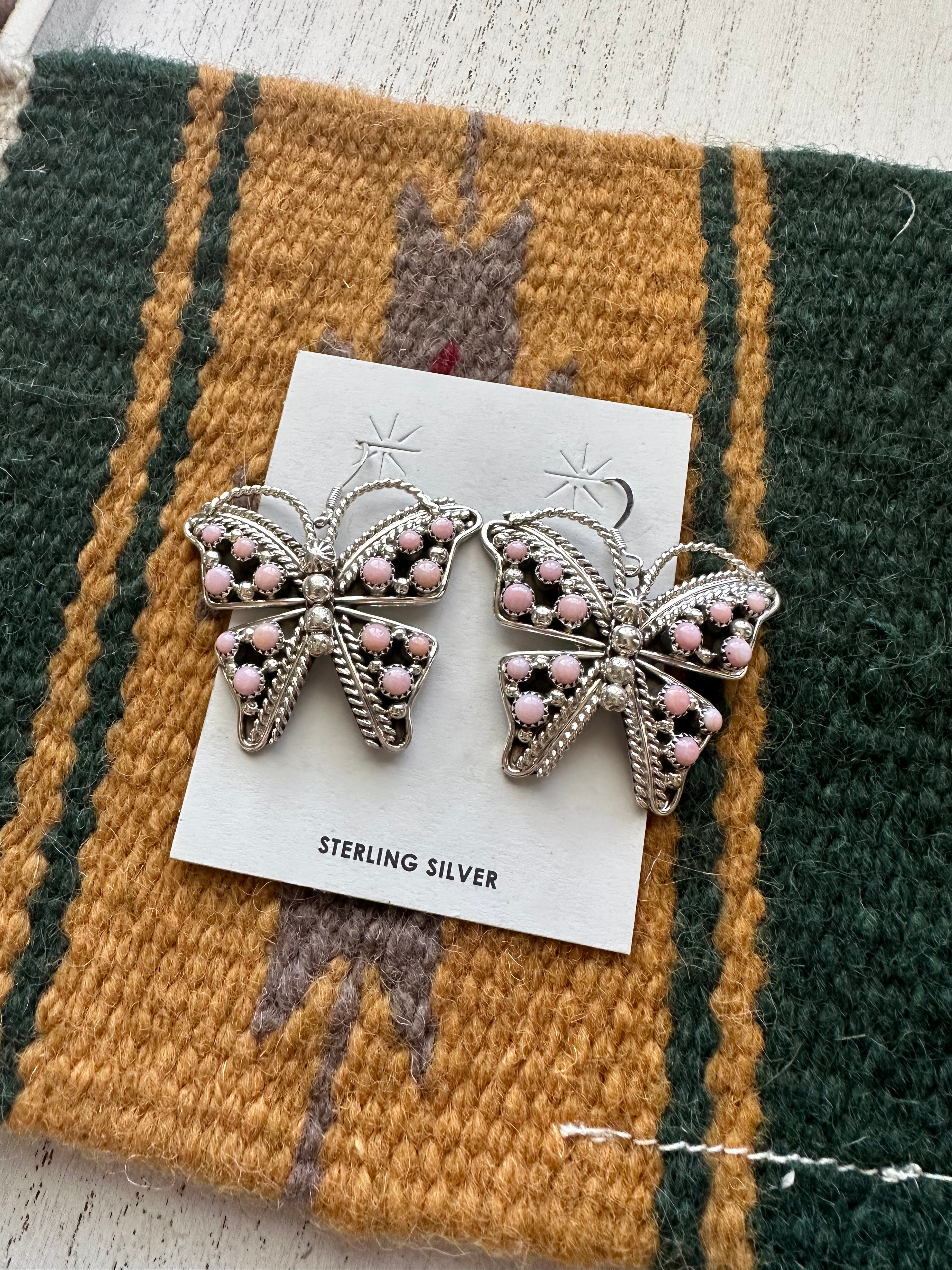 Navajo Queen Pink Conch & Sterling Silver Butterfly Dangle Earrings