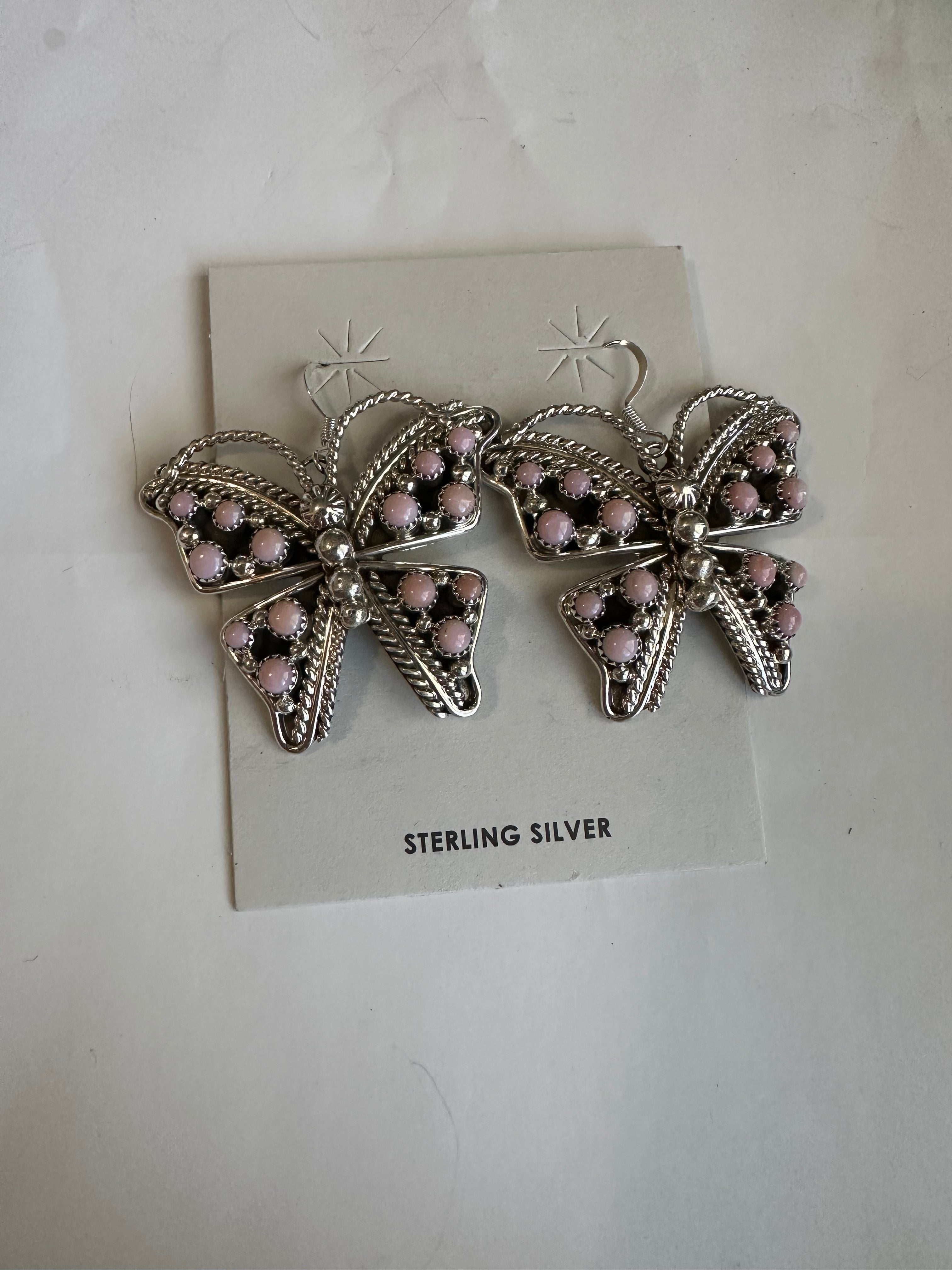 Navajo Queen Pink Conch & Sterling Silver Butterfly Dangle Earrings