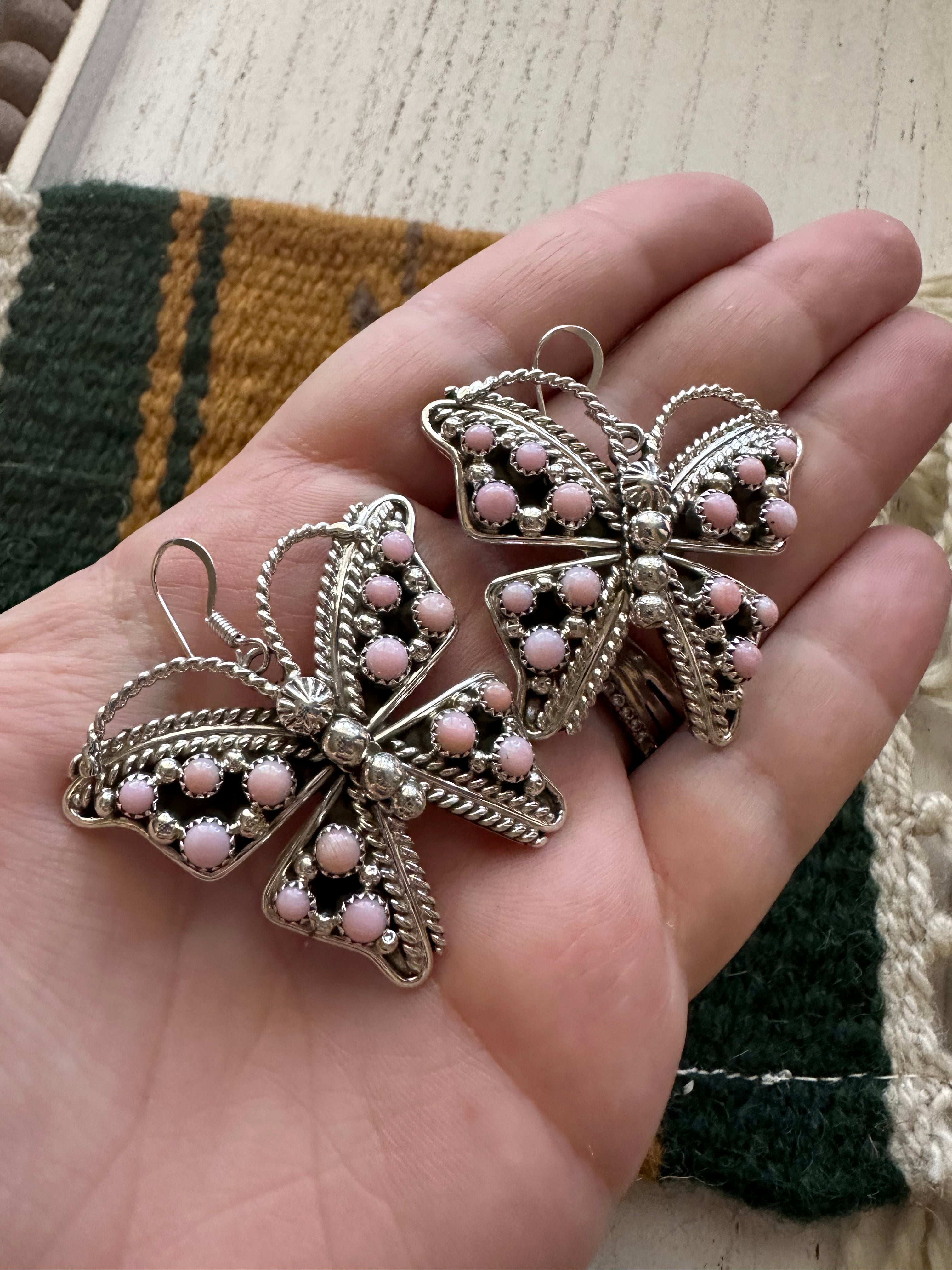 Navajo Queen Pink Conch & Sterling Silver Butterfly Dangle Earrings