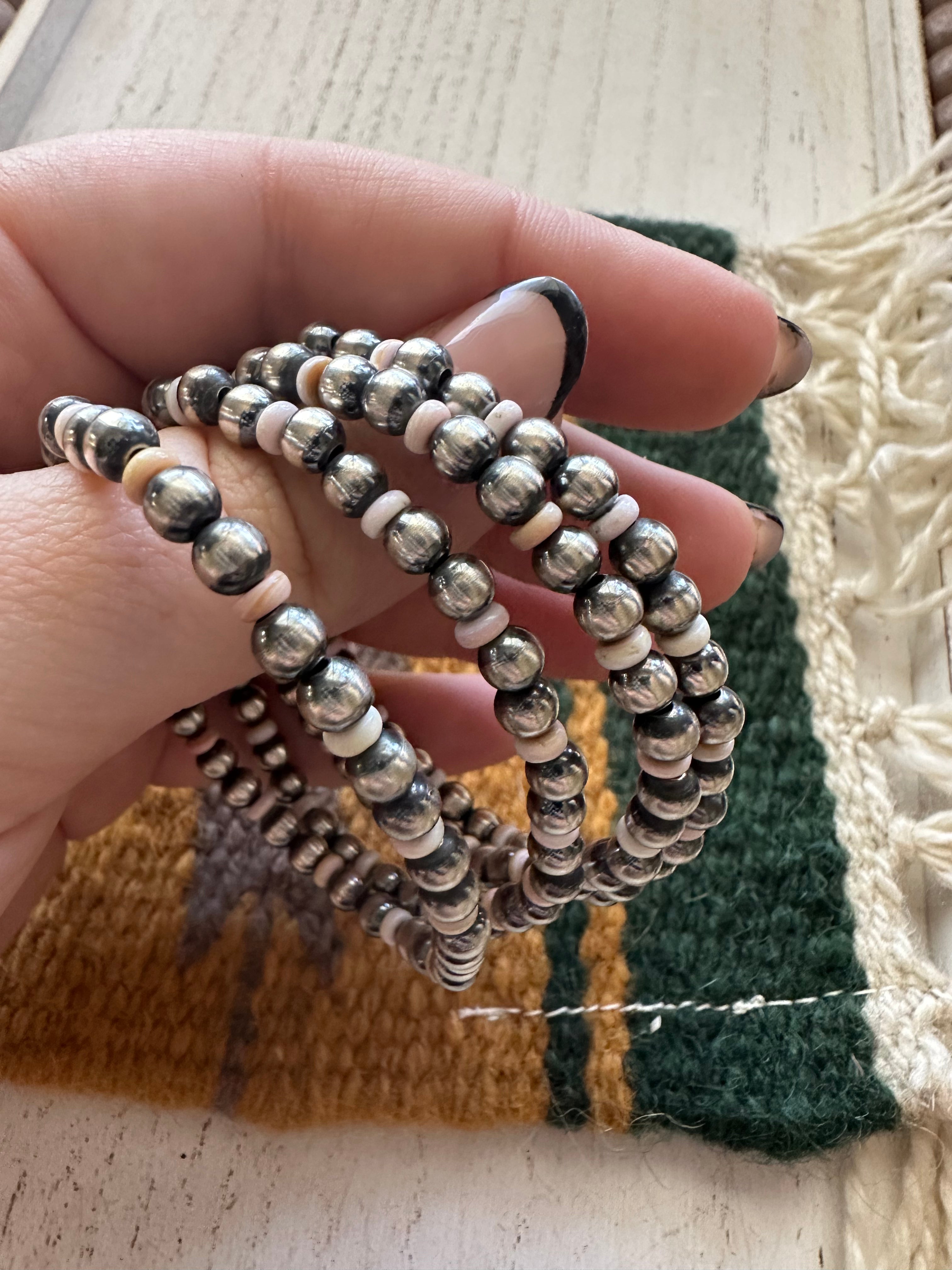 Navajo Pink Conch & Sterling Silver Beaded Bracelet