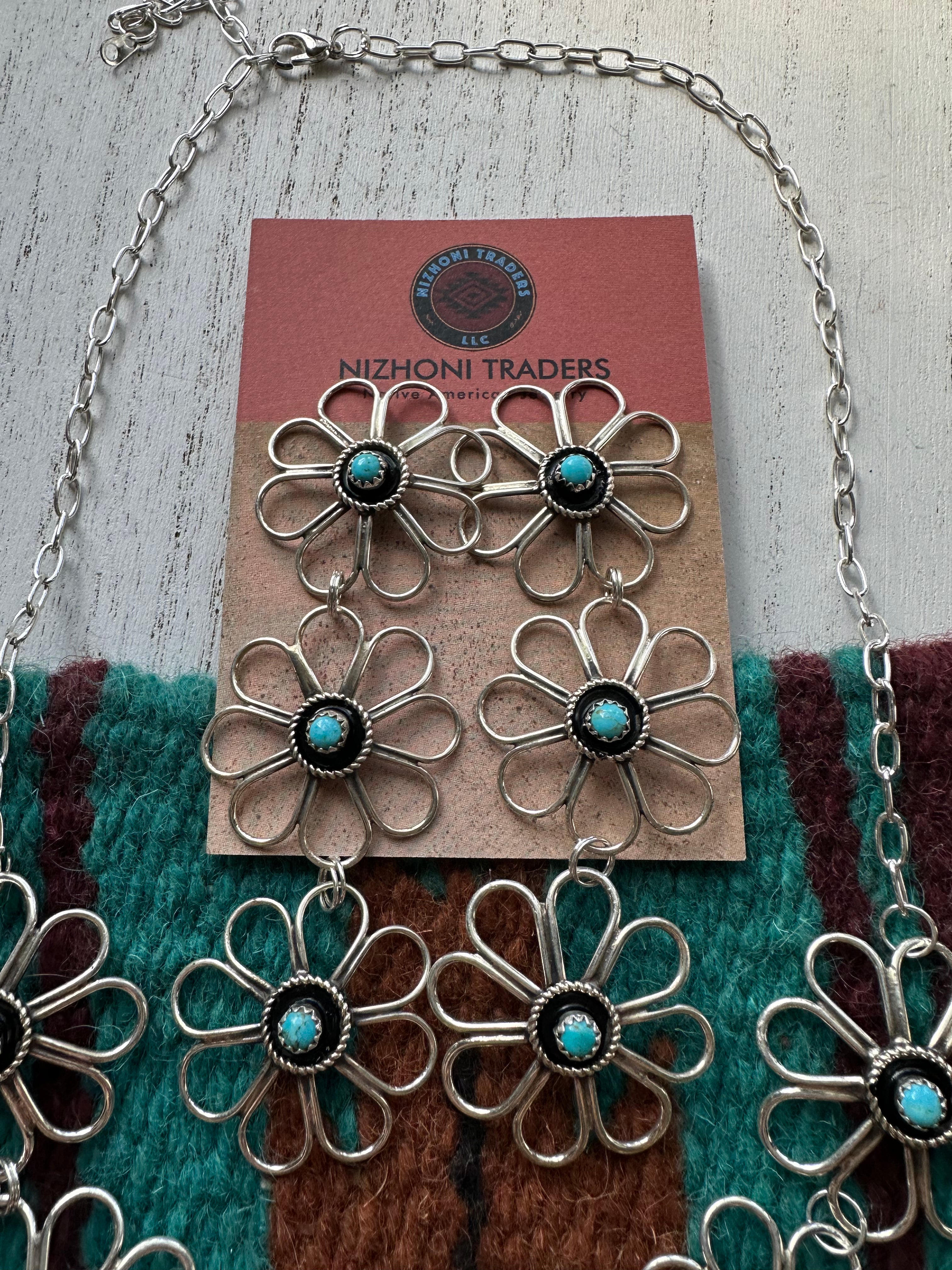 Navajo Sterling Silver & Turquoise Flower Necklace Earring Set