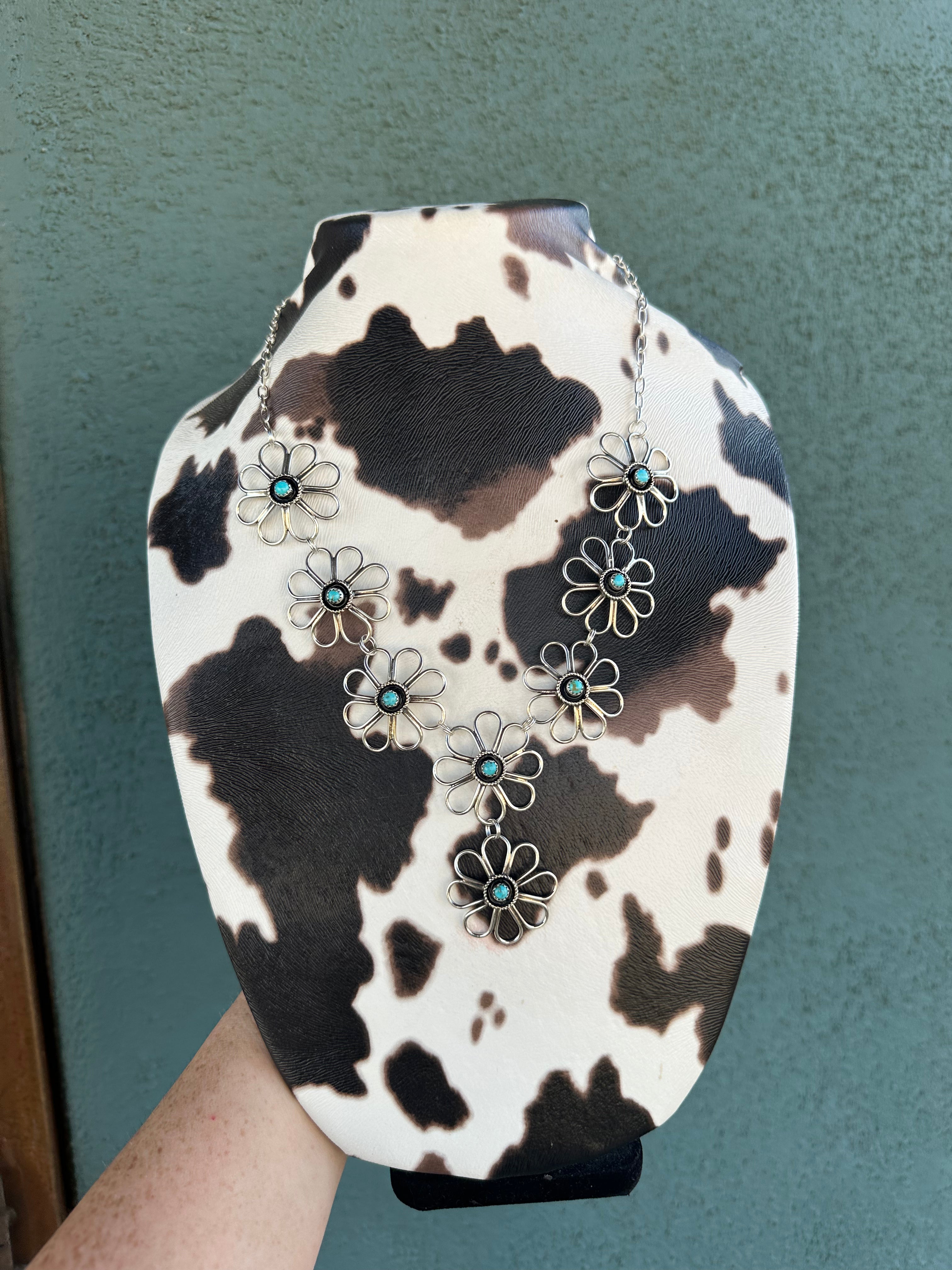 Navajo Sterling Silver & Turquoise Flower Necklace Earring Set