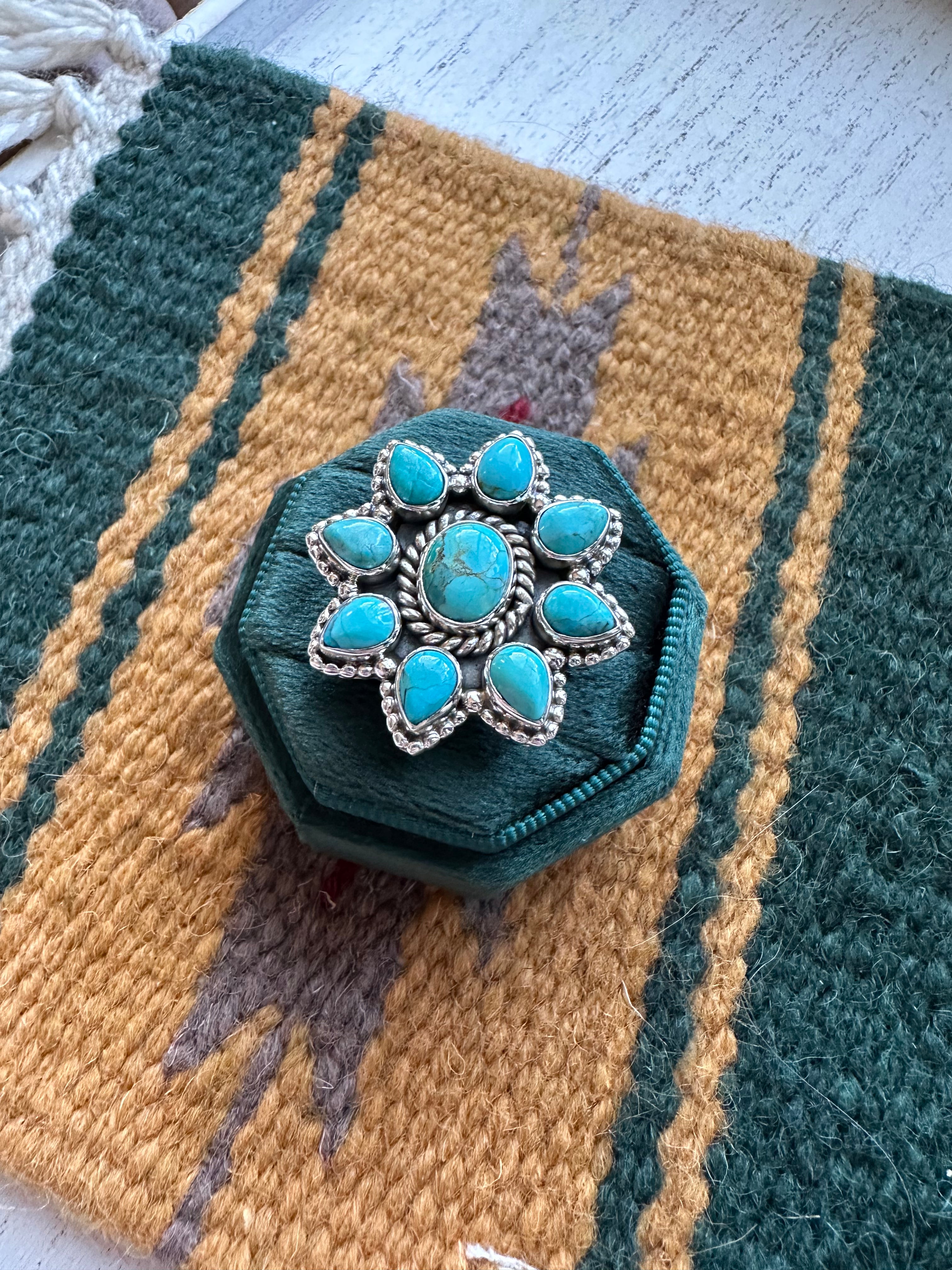 Handmade Turquoise And Sterling Silver Adjustable Floral Cluster Ring