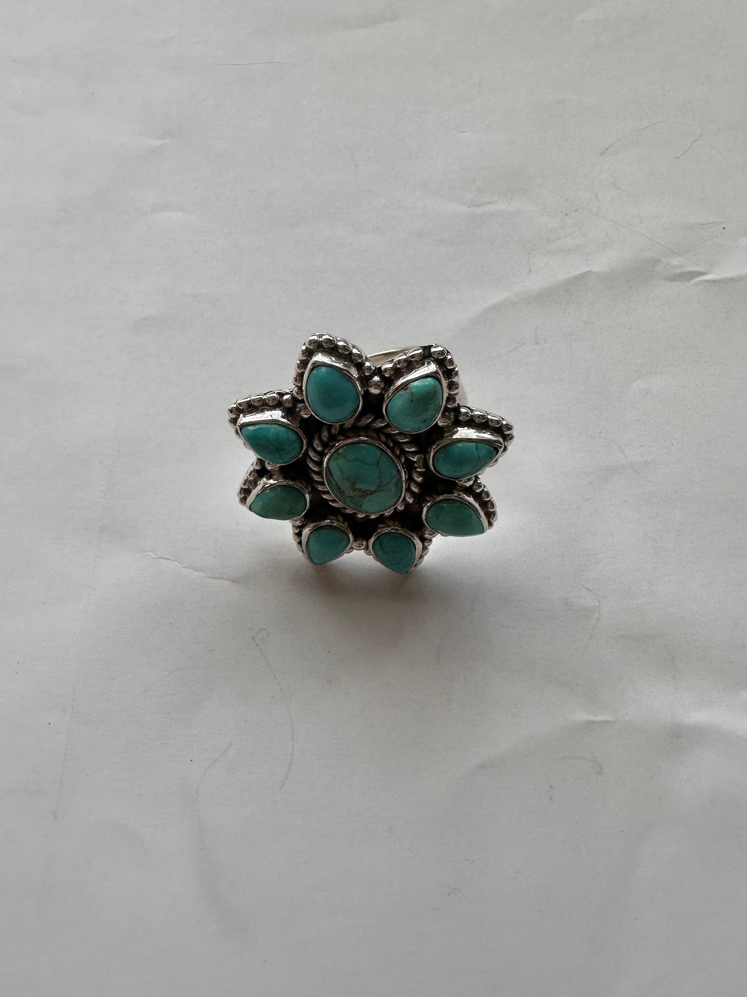 Handmade Turquoise And Sterling Silver Adjustable Floral Cluster Ring