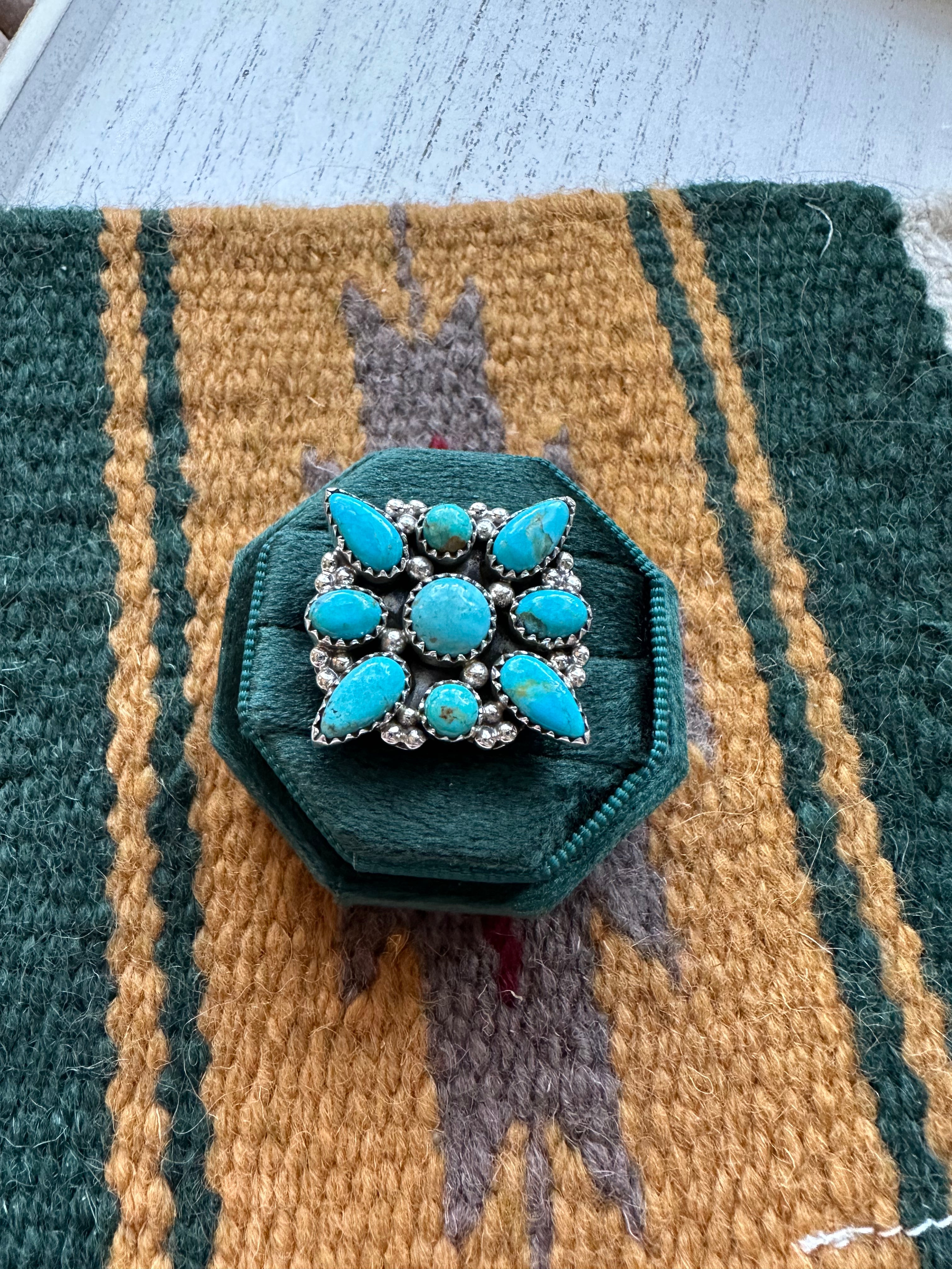 Handmade Turquoise And Sterling Silver Adjustable Cluster Ring