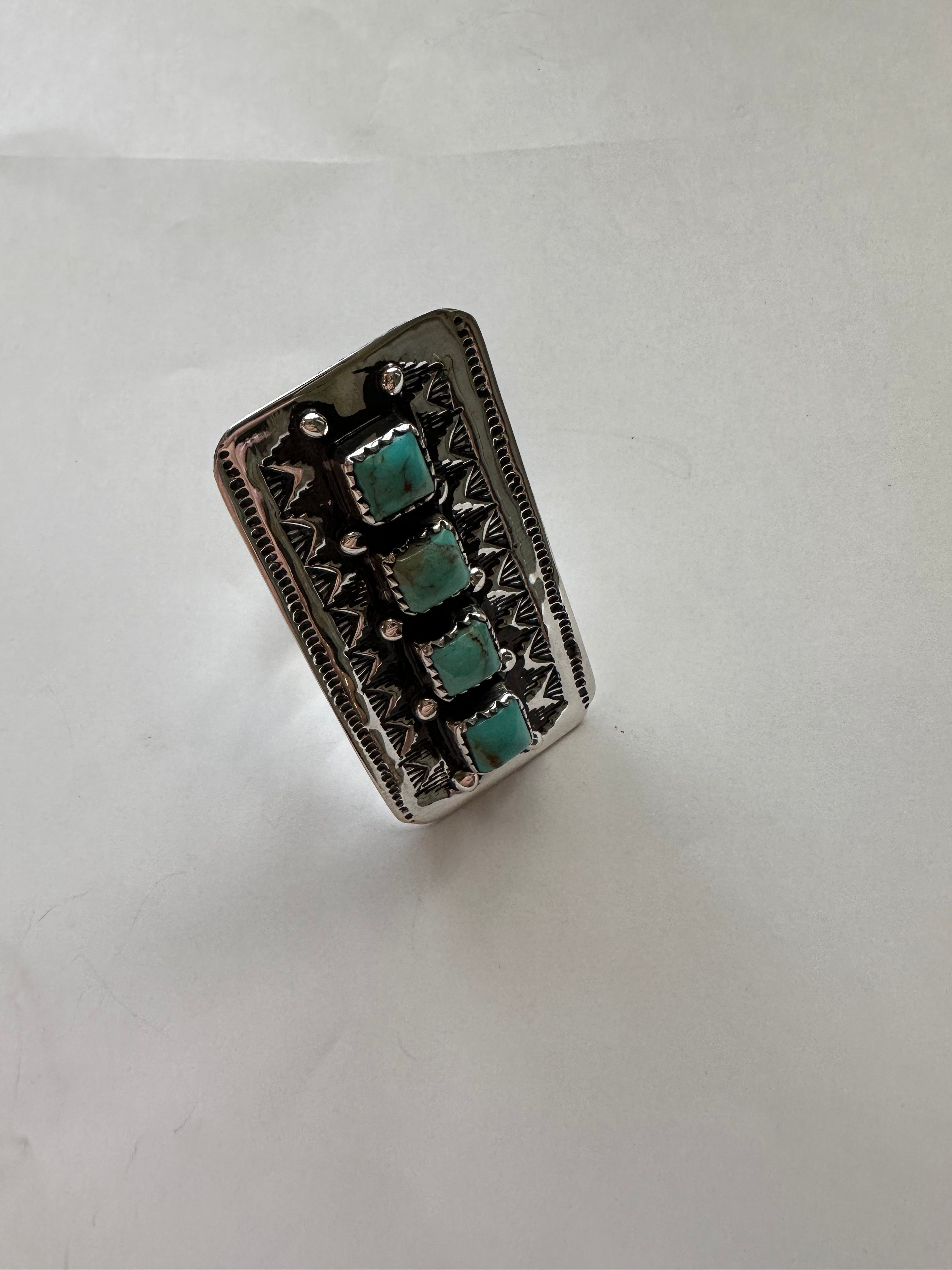 Cassidy Collection Handmade Turquoise And Sterling Silver Adjustable Square 4 Stone Ring