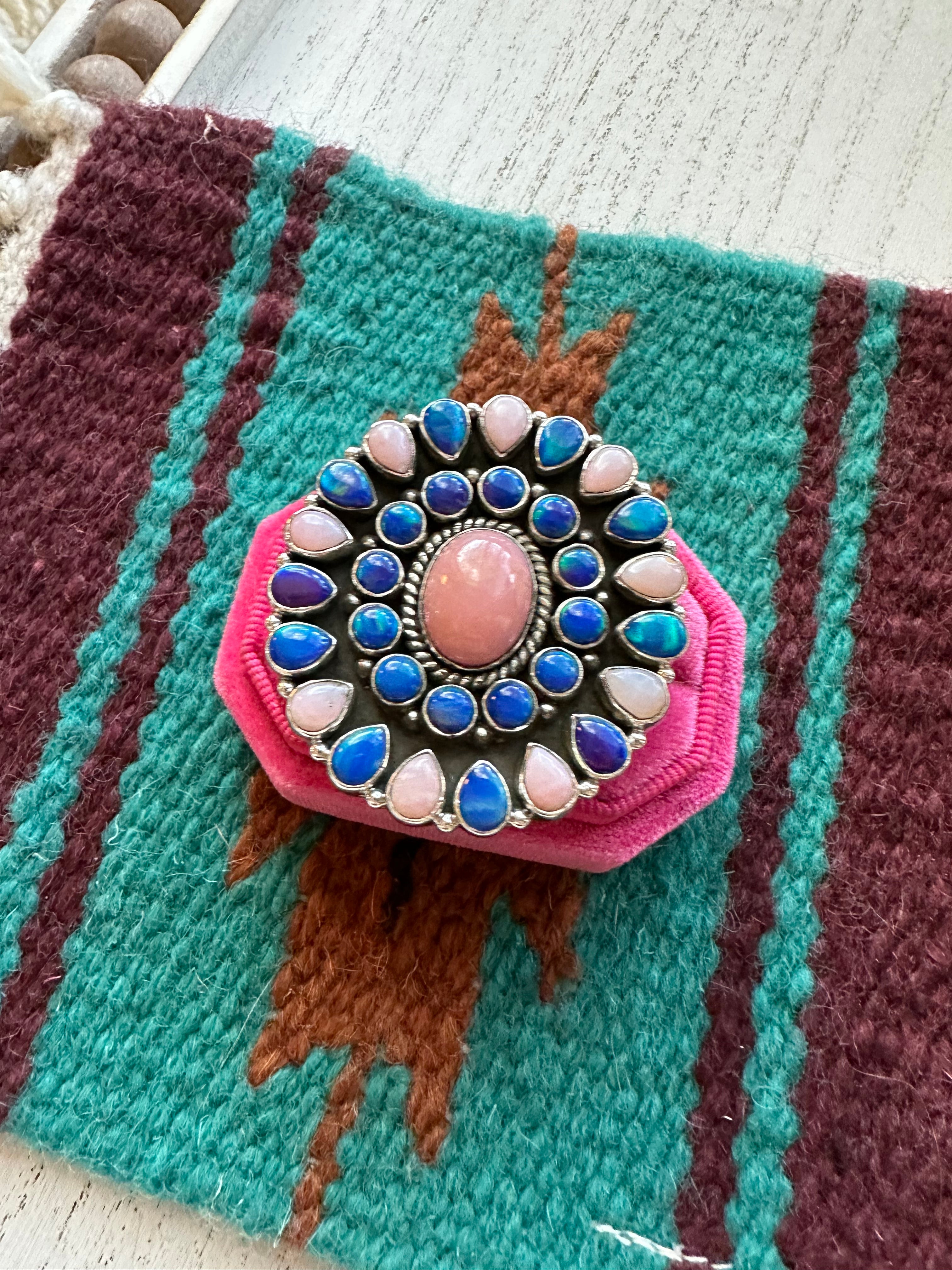 Handmade Pink Conch, Blue Opal And Sterling Silver Adjustable Ring Signed Nizhoni