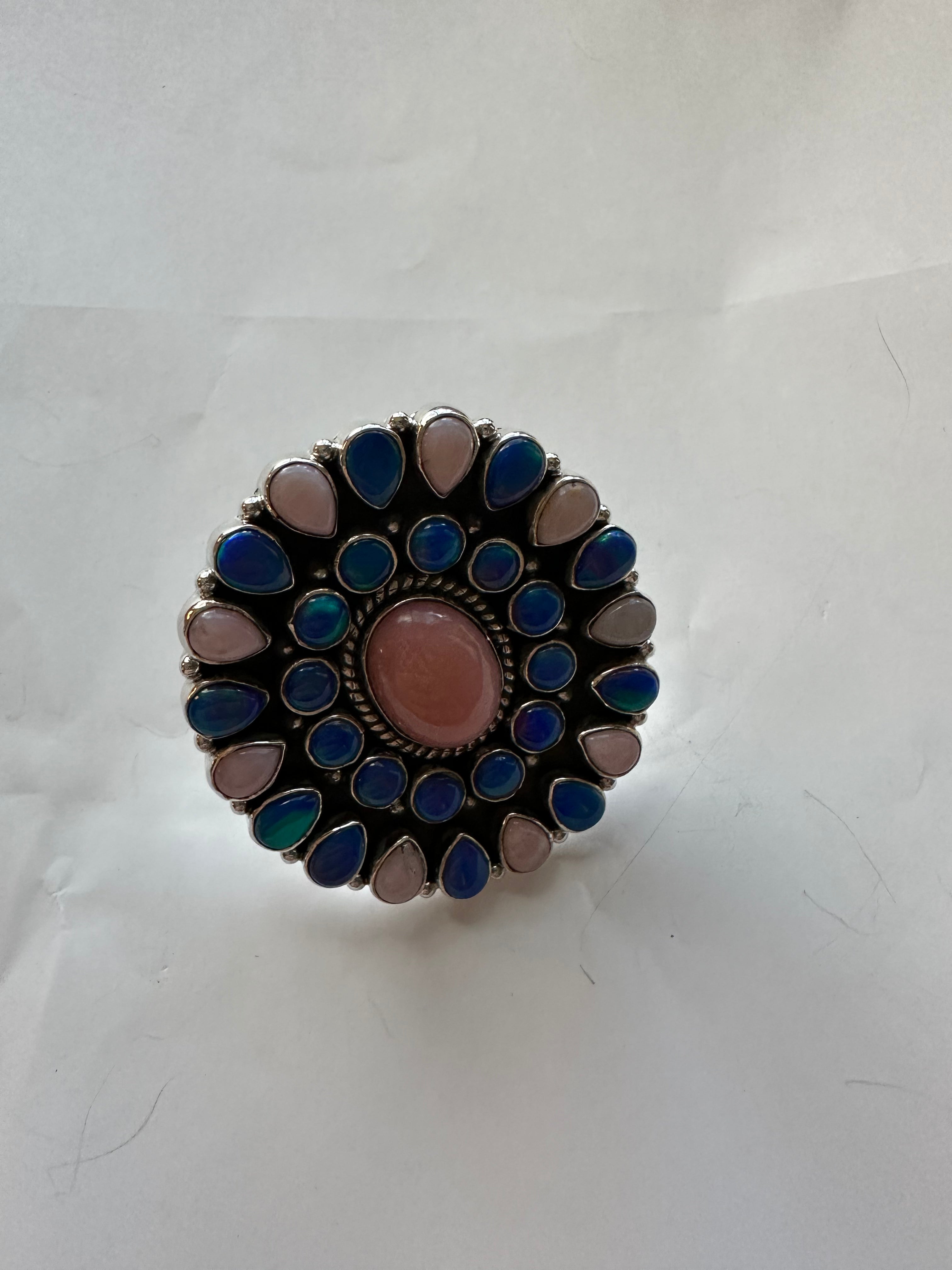 Handmade Pink Conch, Blue Opal And Sterling Silver Adjustable Ring Signed Nizhoni