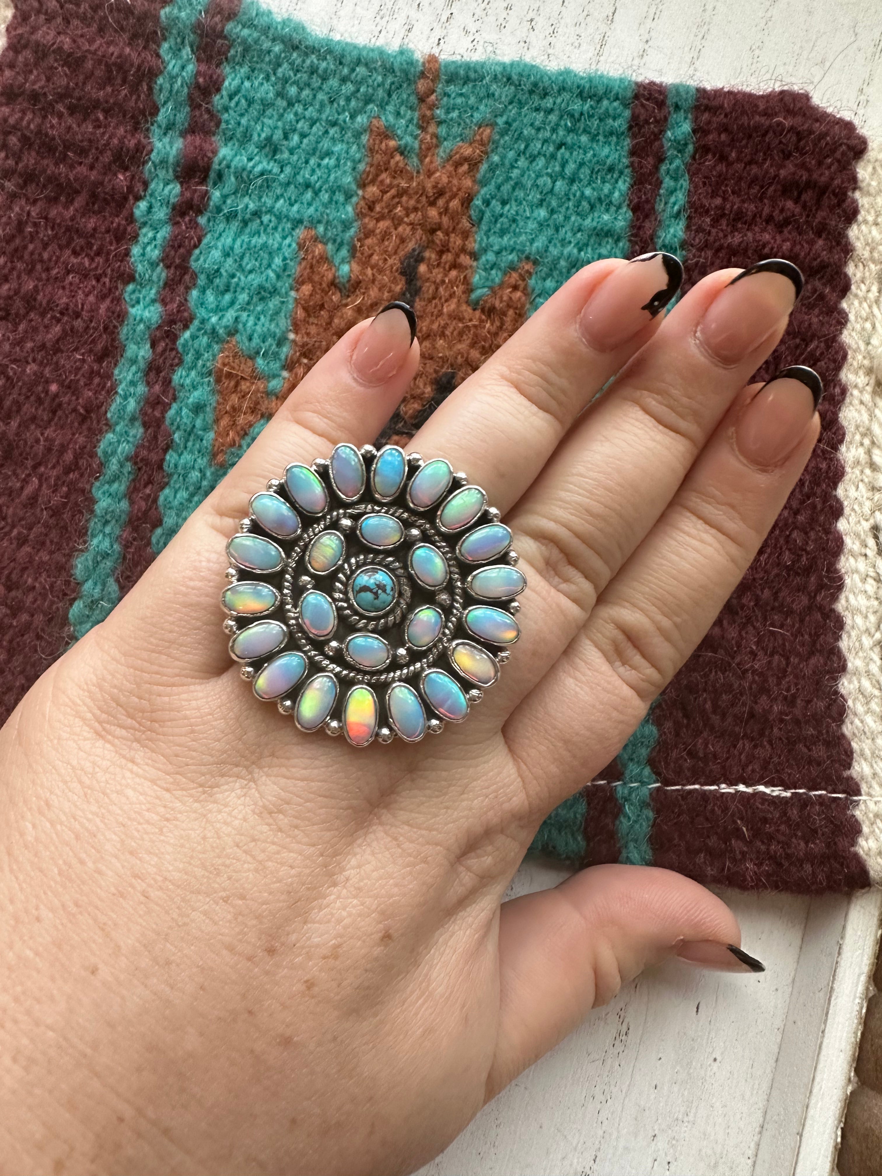 “Turquoise Dreams” Nizhoni Turquoise, Opal & Sterling Silver Adjustable Ring