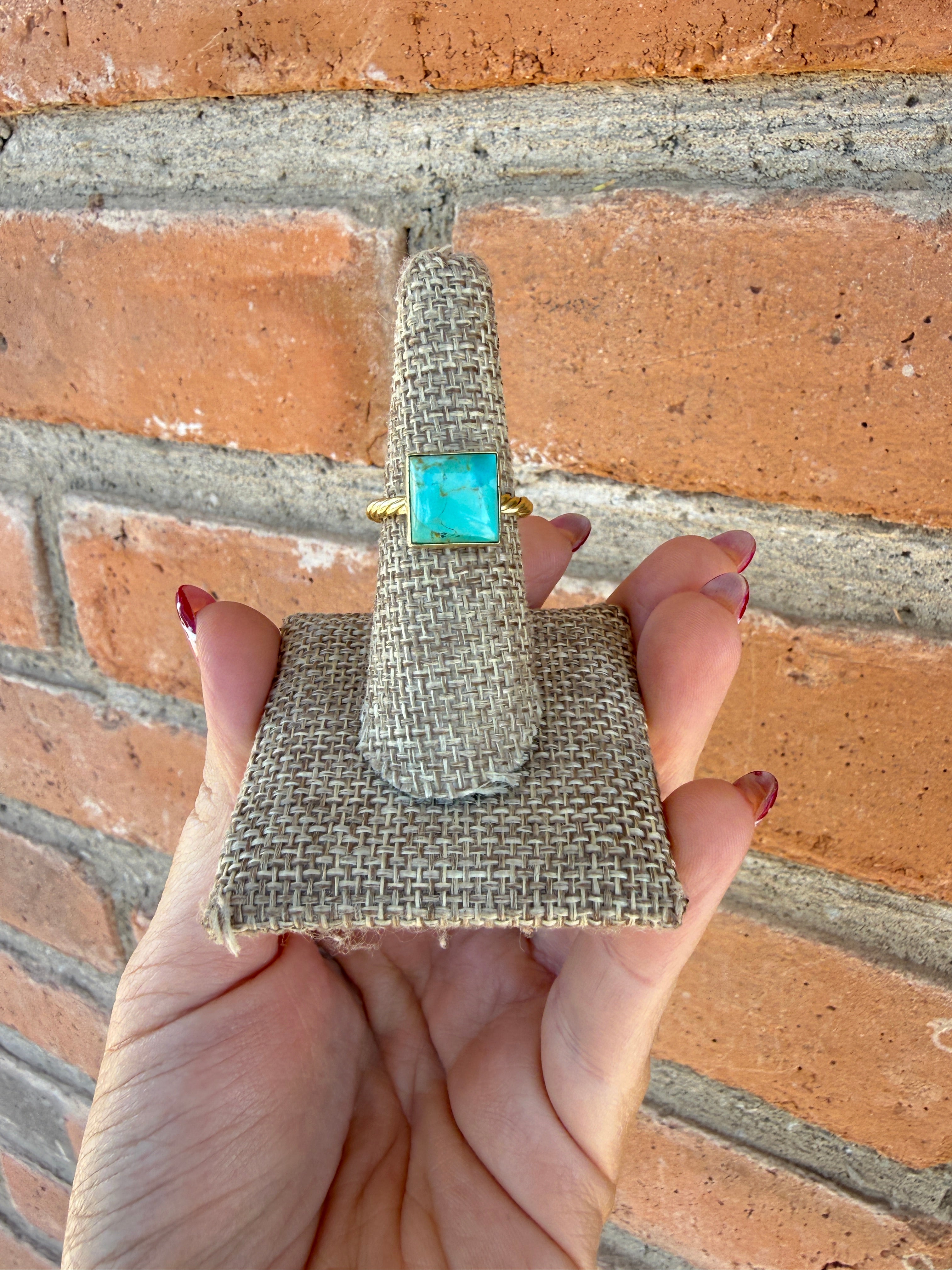 “The Golden Collection” Olive Square Handmade Natural Turquoise 14k Gold Plated Sterling Silver Adjustable Ring