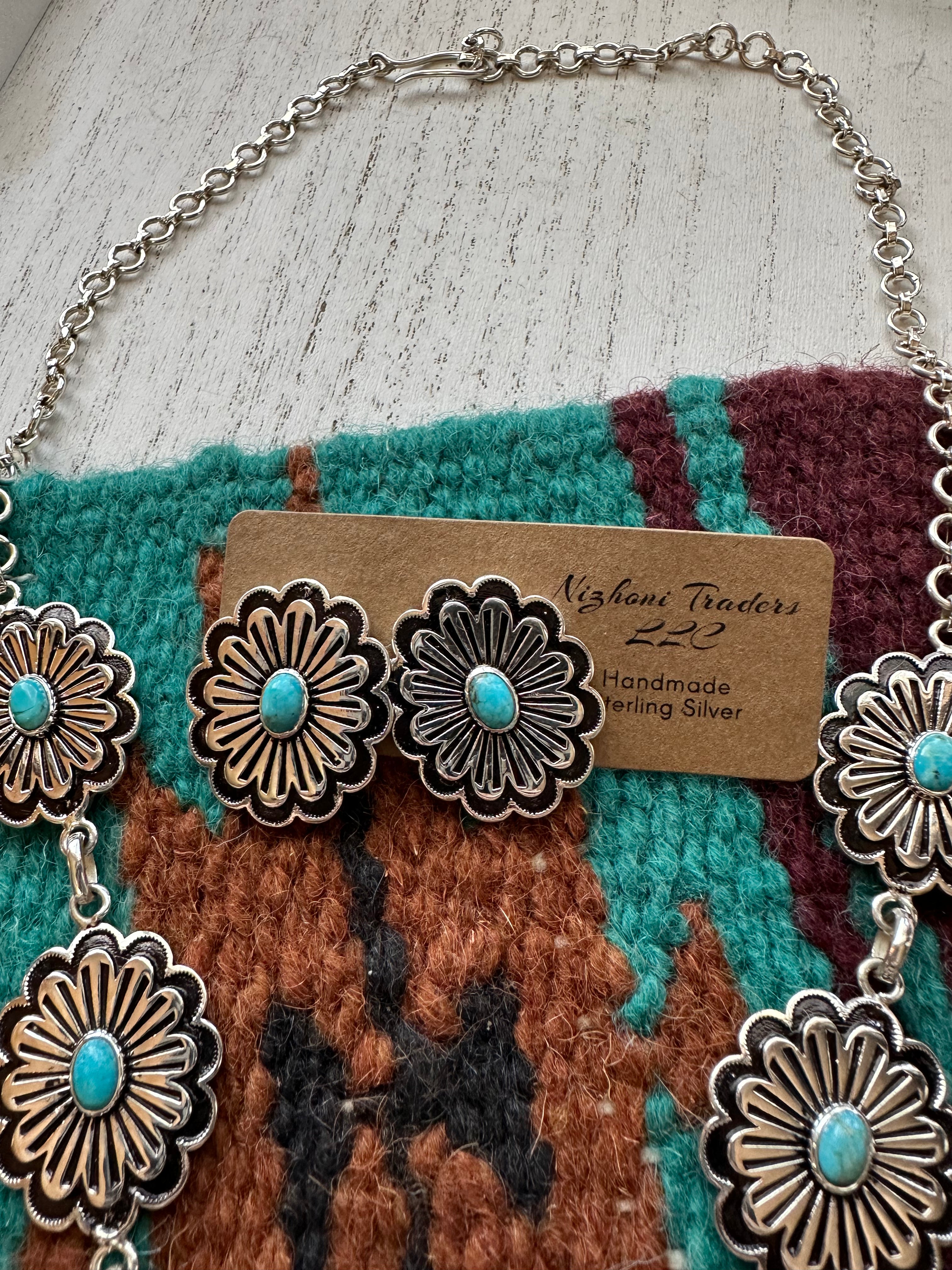 “Hanging Flower” Handmade Sterling Silver & Turquoise Necklace Set