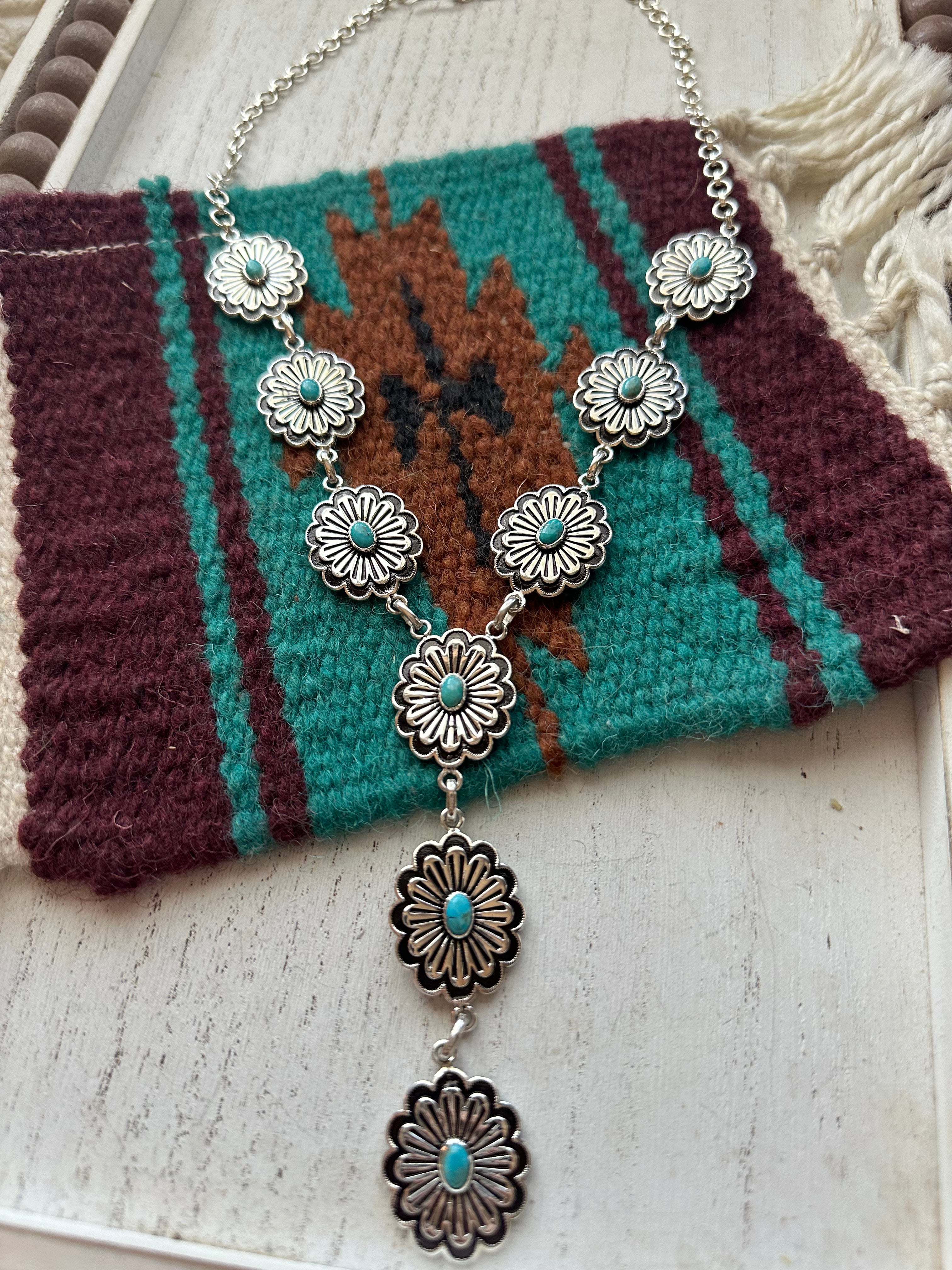 “Hanging Flower” Handmade Sterling Silver & Turquoise Necklace Set