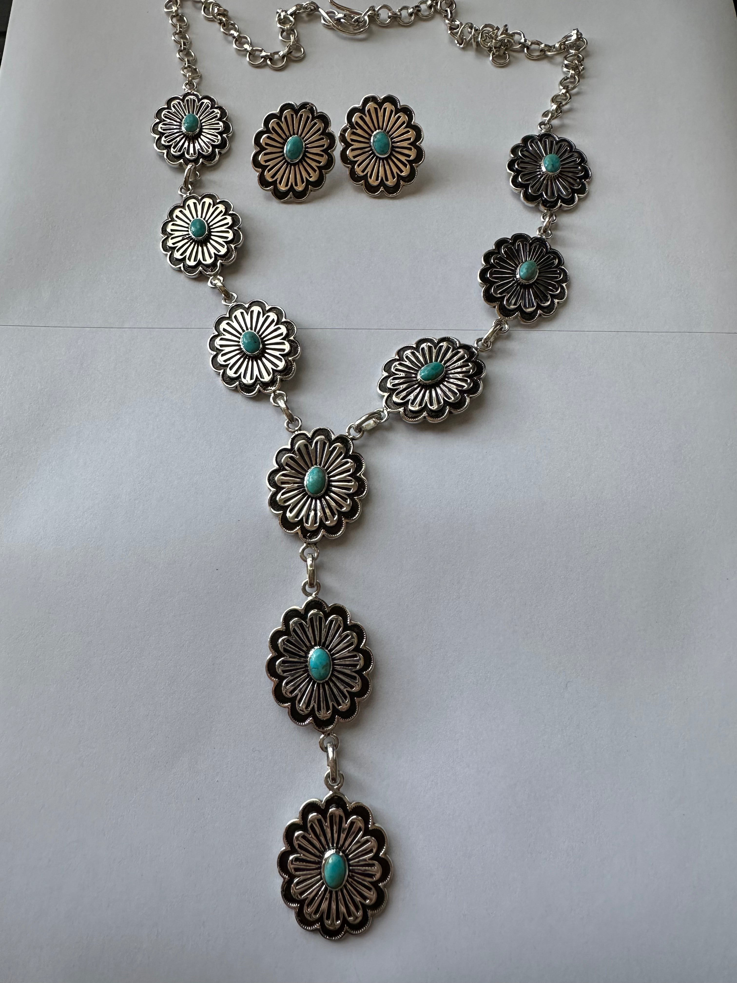 “Hanging Flower” Handmade Sterling Silver & Turquoise Necklace Set