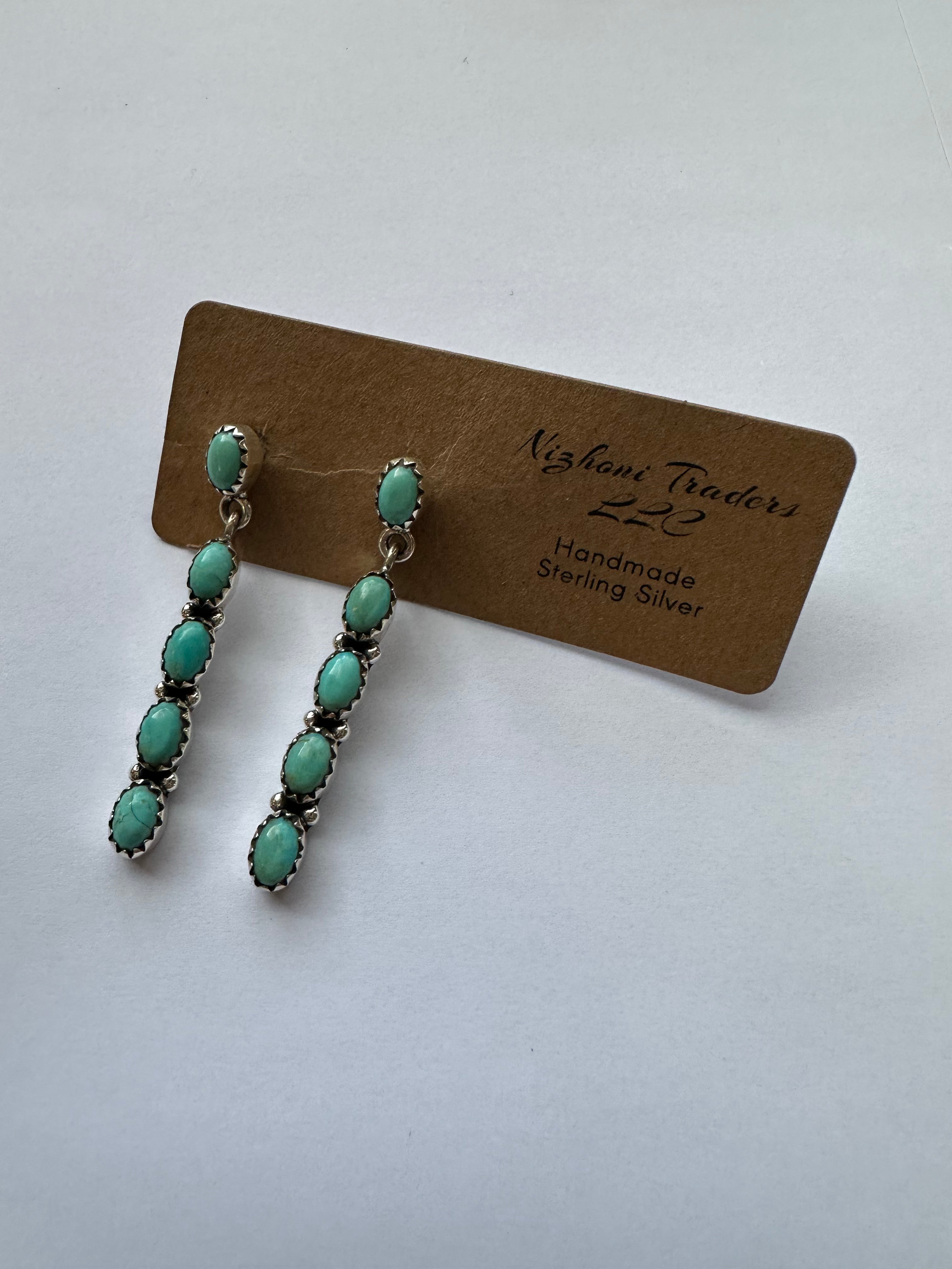 5 Stone Natural Royston Turquoise and Sterling Silver Dangles